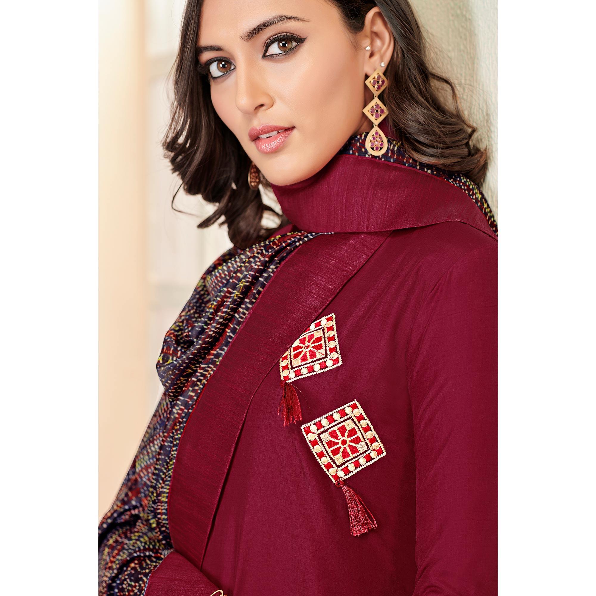 Glorious Maroon Colored Partywear Cotton Suit - Peachmode