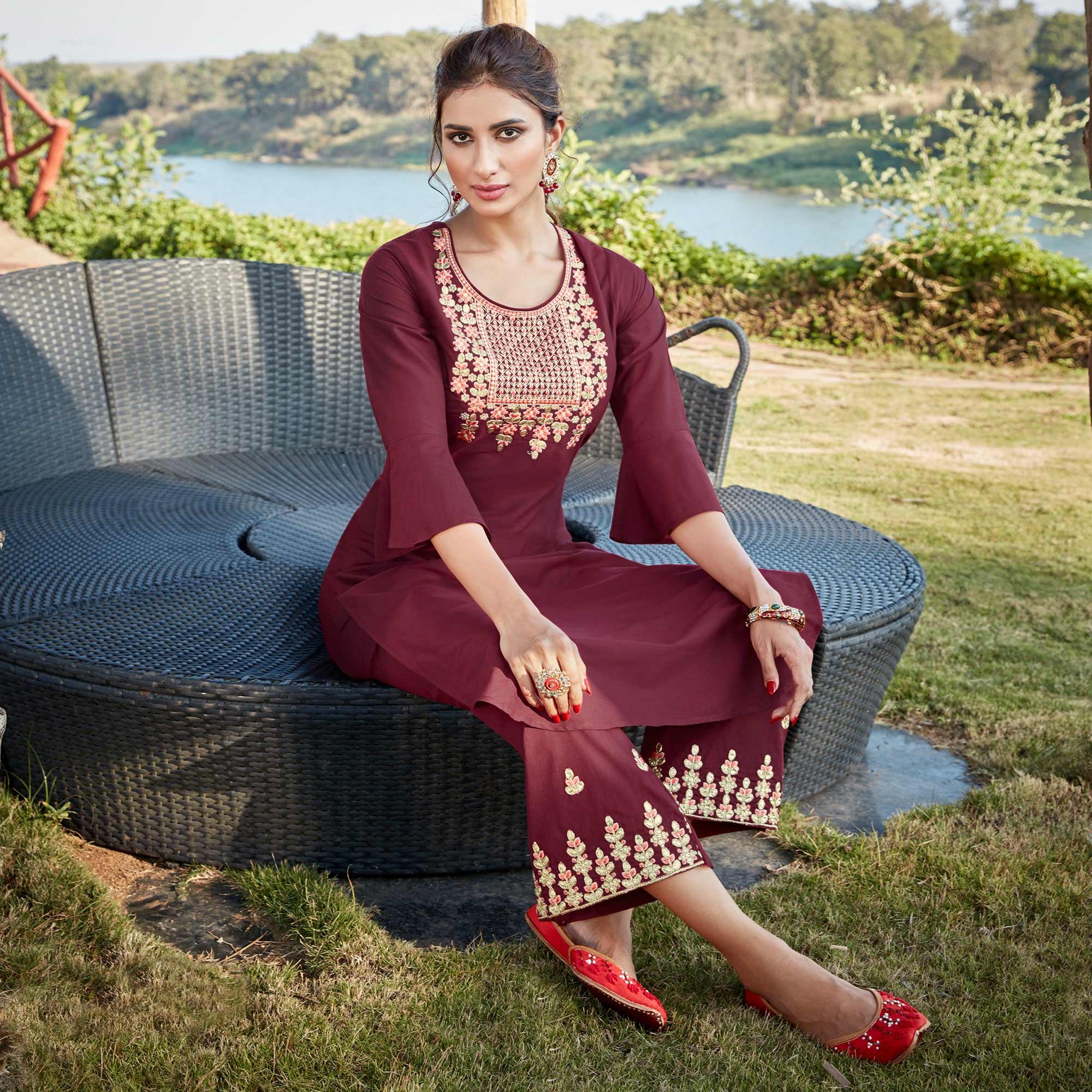 Glorious Maroon Colored Partywear Embroidered Cotton Silk Kurti-Palazzo Set - Peachmode