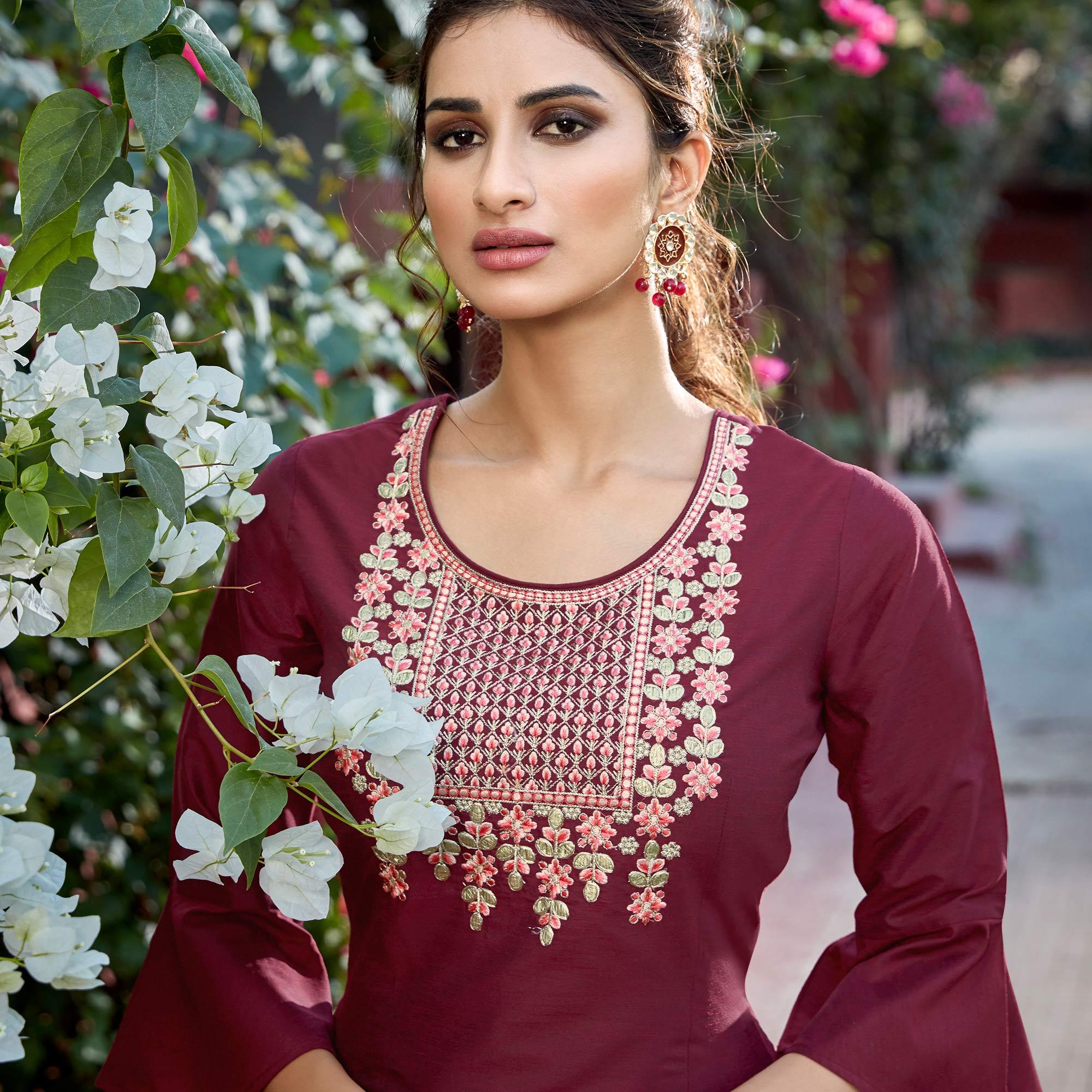 Glorious Maroon Colored Partywear Embroidered Cotton Silk Kurti-Palazzo Set - Peachmode