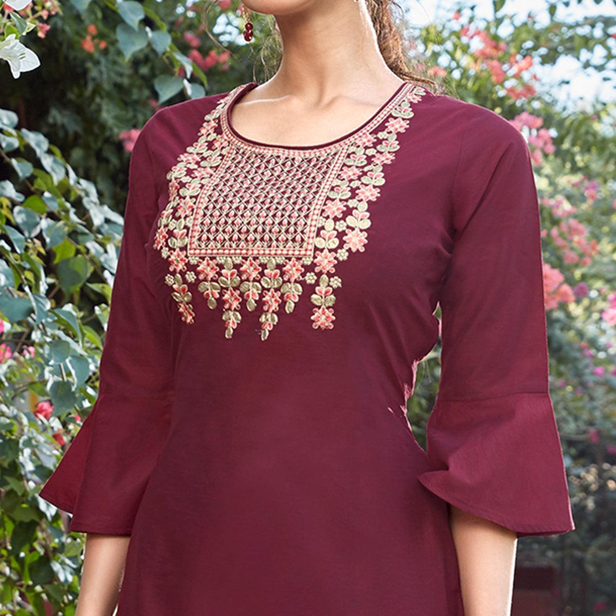 Glorious Maroon Colored Partywear Embroidered Cotton Silk Kurti-Palazzo Set - Peachmode