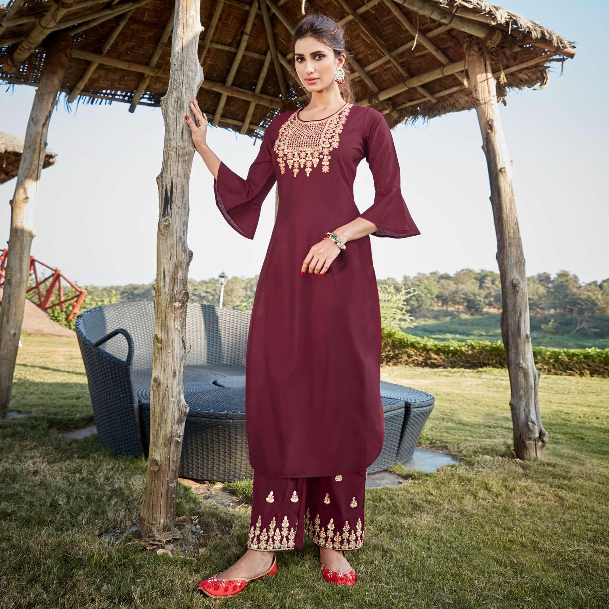 Glorious Maroon Colored Partywear Embroidered Cotton Silk Kurti-Palazzo Set - Peachmode