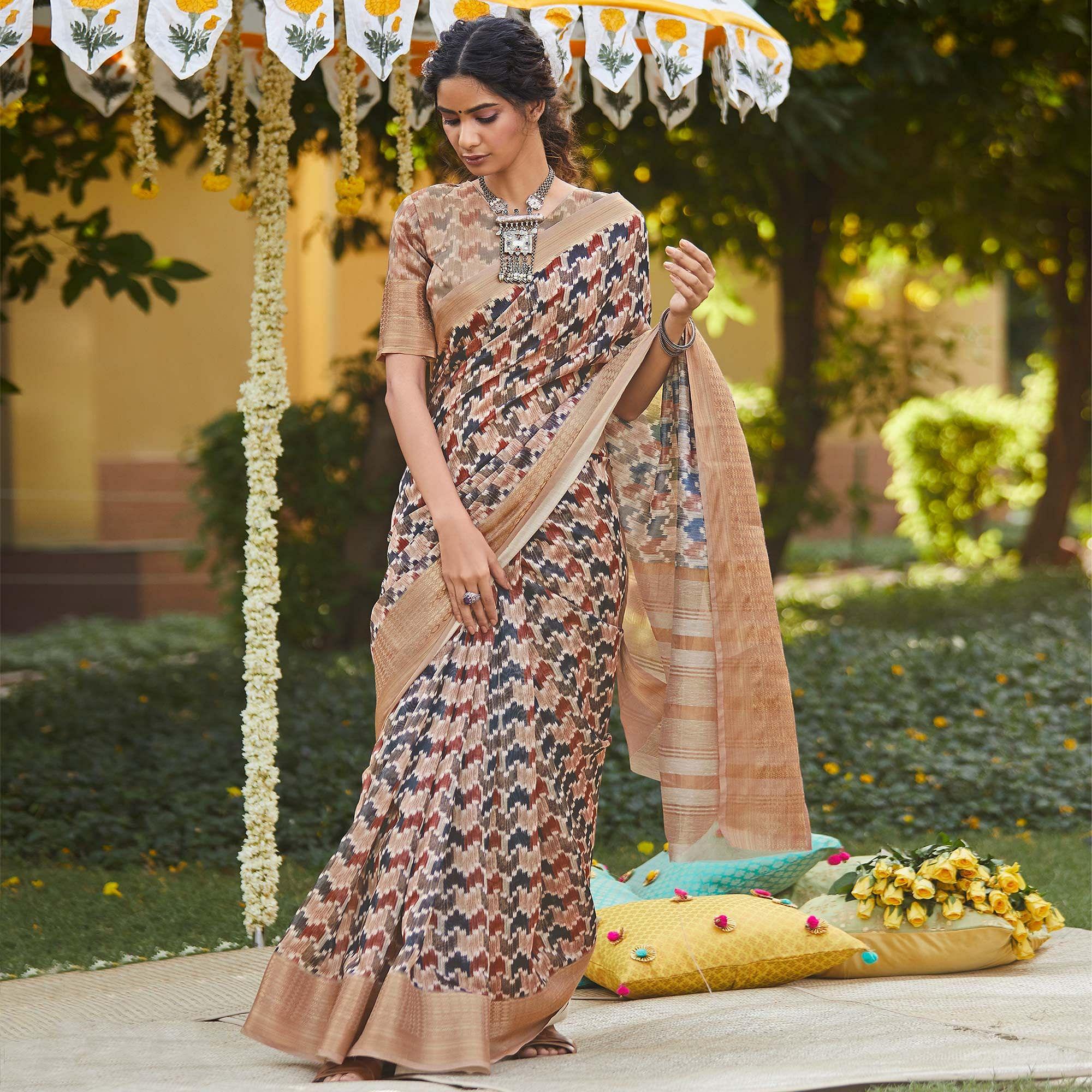 Glorious Mauve Colored Party Wear Digital Printed Linen Saree - Peachmode