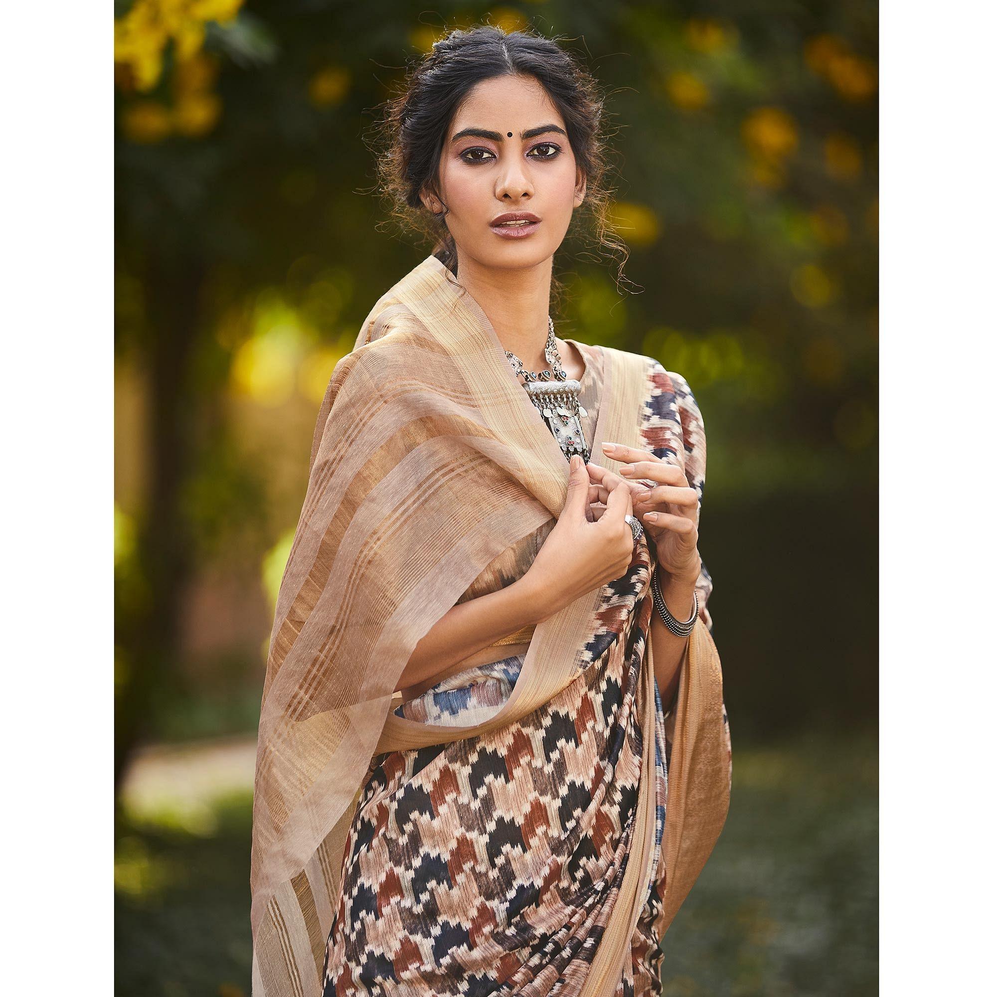 Glorious Mauve Colored Party Wear Digital Printed Linen Saree - Peachmode