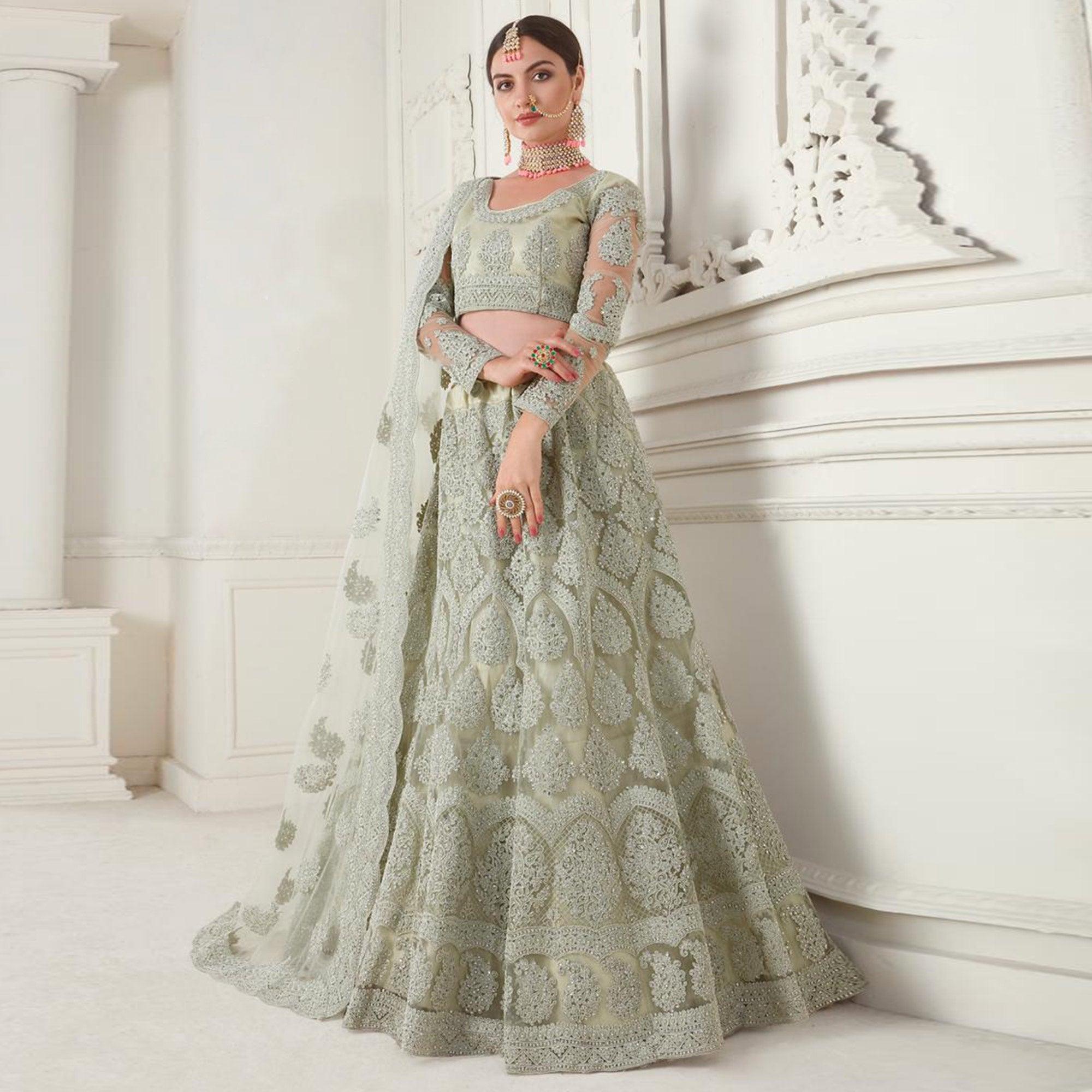 Glorious Mint Green Colored cording Embroidery Wedding Wear Net Lehenga Choli - Peachmode