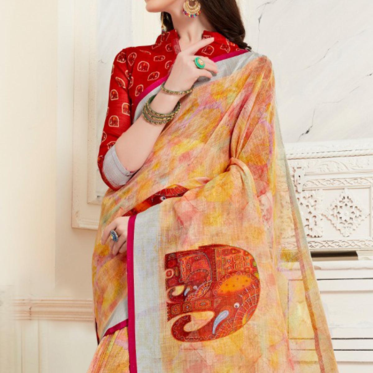 Glorious Multi Colored Casual Elephant Digital Printed Linen Saree - Peachmode