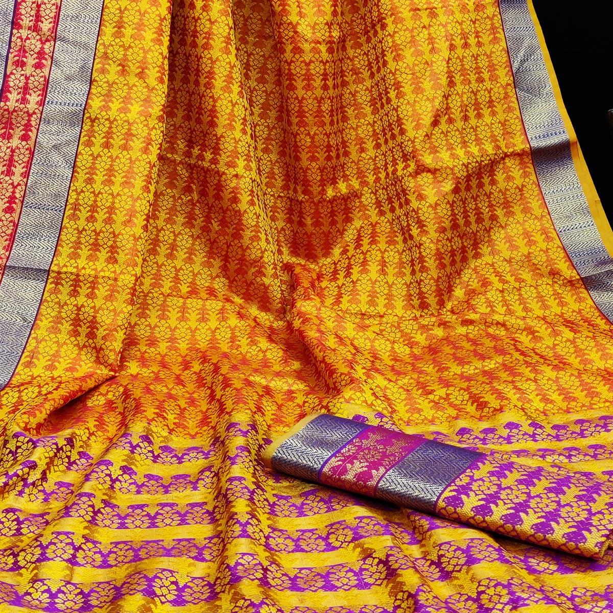 Glorious Mustard Colored Festive Wear Woven Jacqaurd Silk Saree - Peachmode
