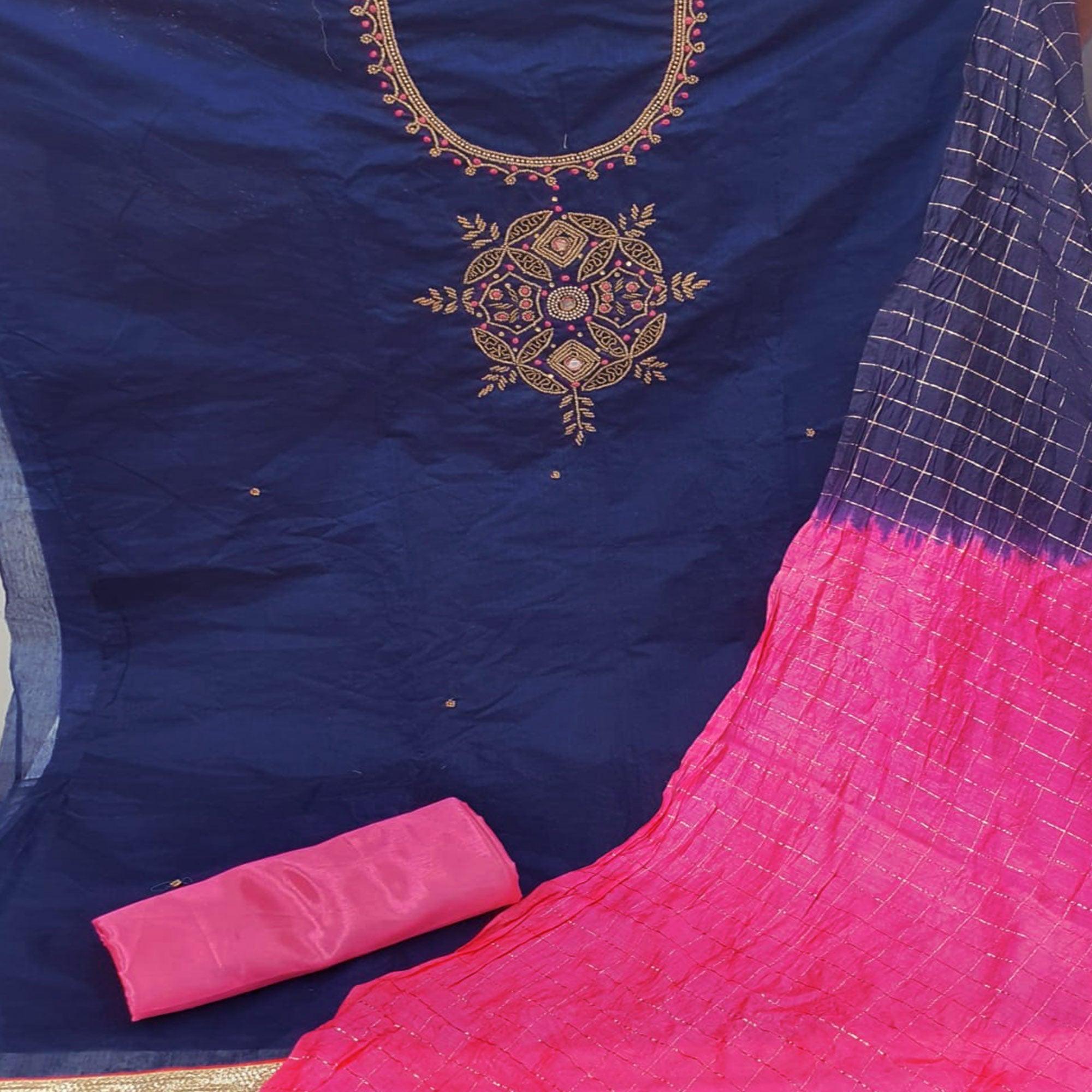 Glorious  Navy Blue Colored Casual Wear Embroidered Chanderi Dress Material - Peachmode