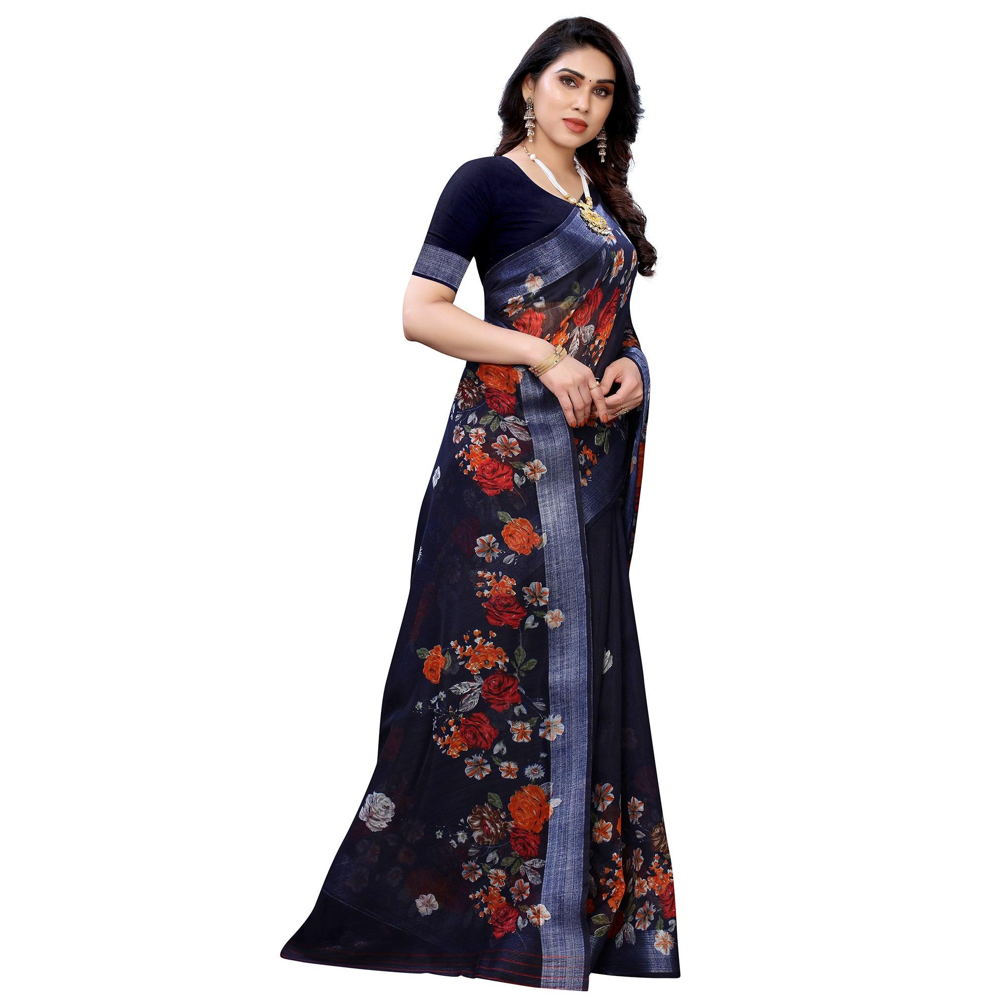 Glorious Navy Blue Colored Casual Wear Floral Printed Linen Saree - Peachmode