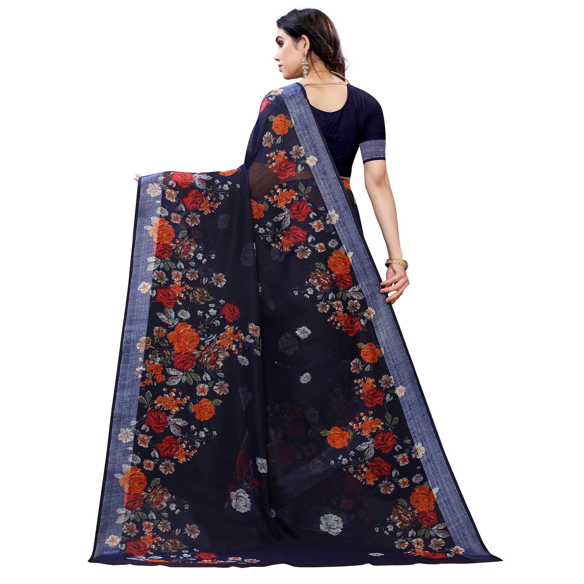 Glorious Navy Blue Colored Casual Wear Floral Printed Linen Saree - Peachmode