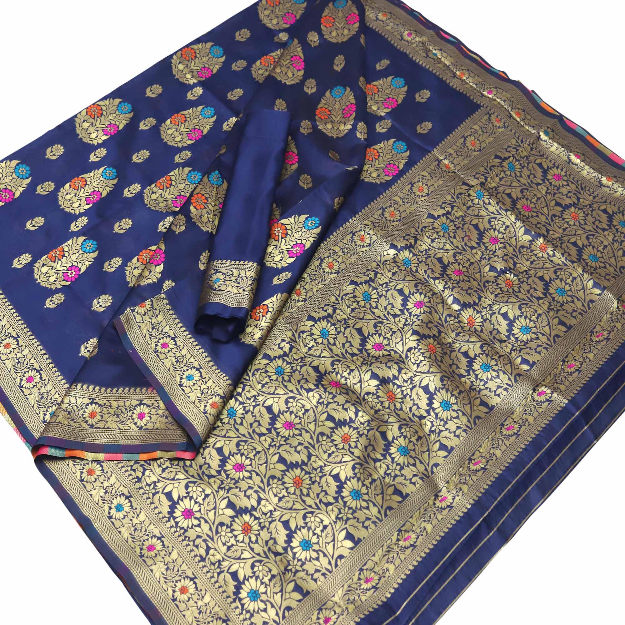Glorious Navy Blue Colored Festive Wear Woven Banarasi Art Silk Saree - Peachmode