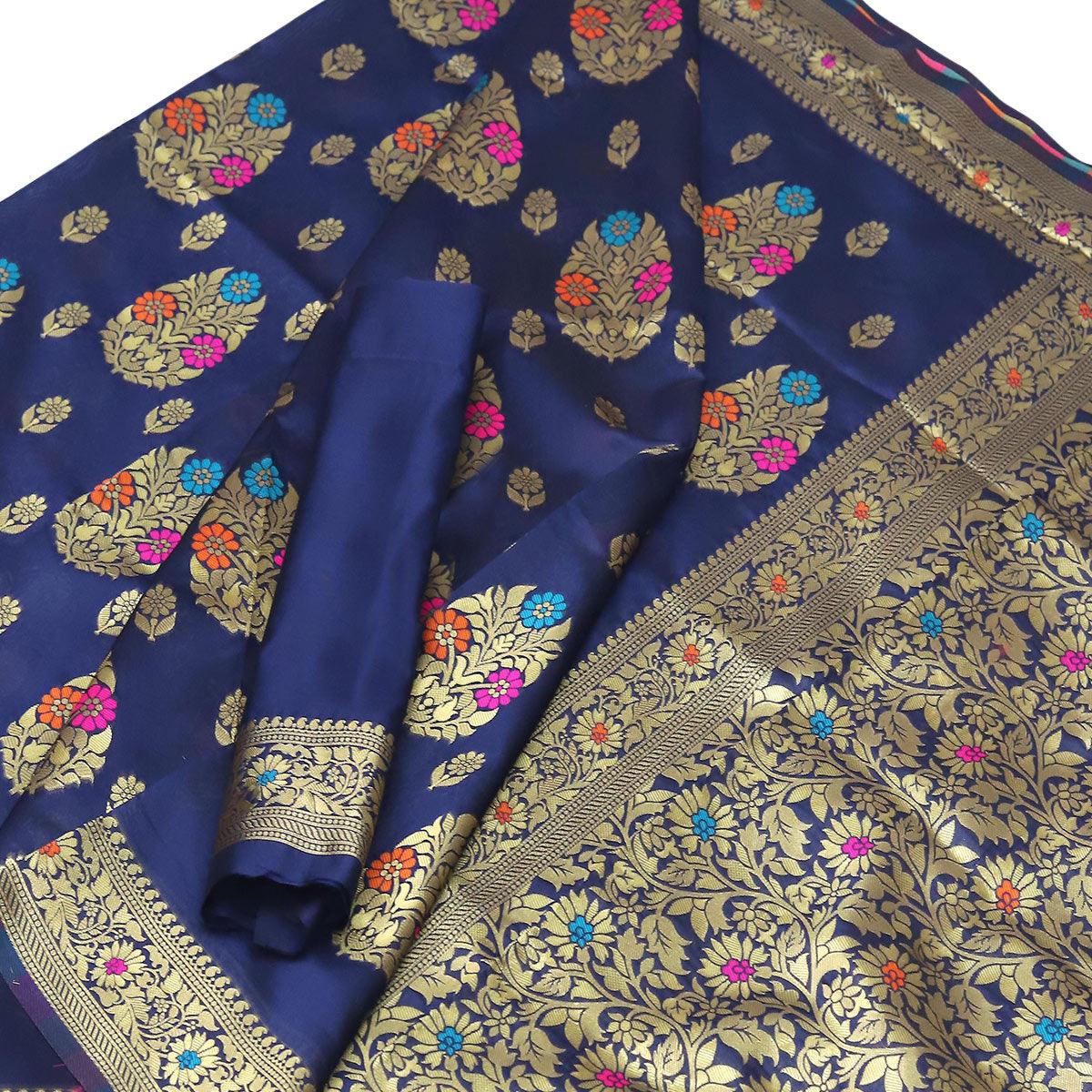 Glorious Navy Blue Colored Festive Wear Woven Banarasi Art Silk Saree - Peachmode