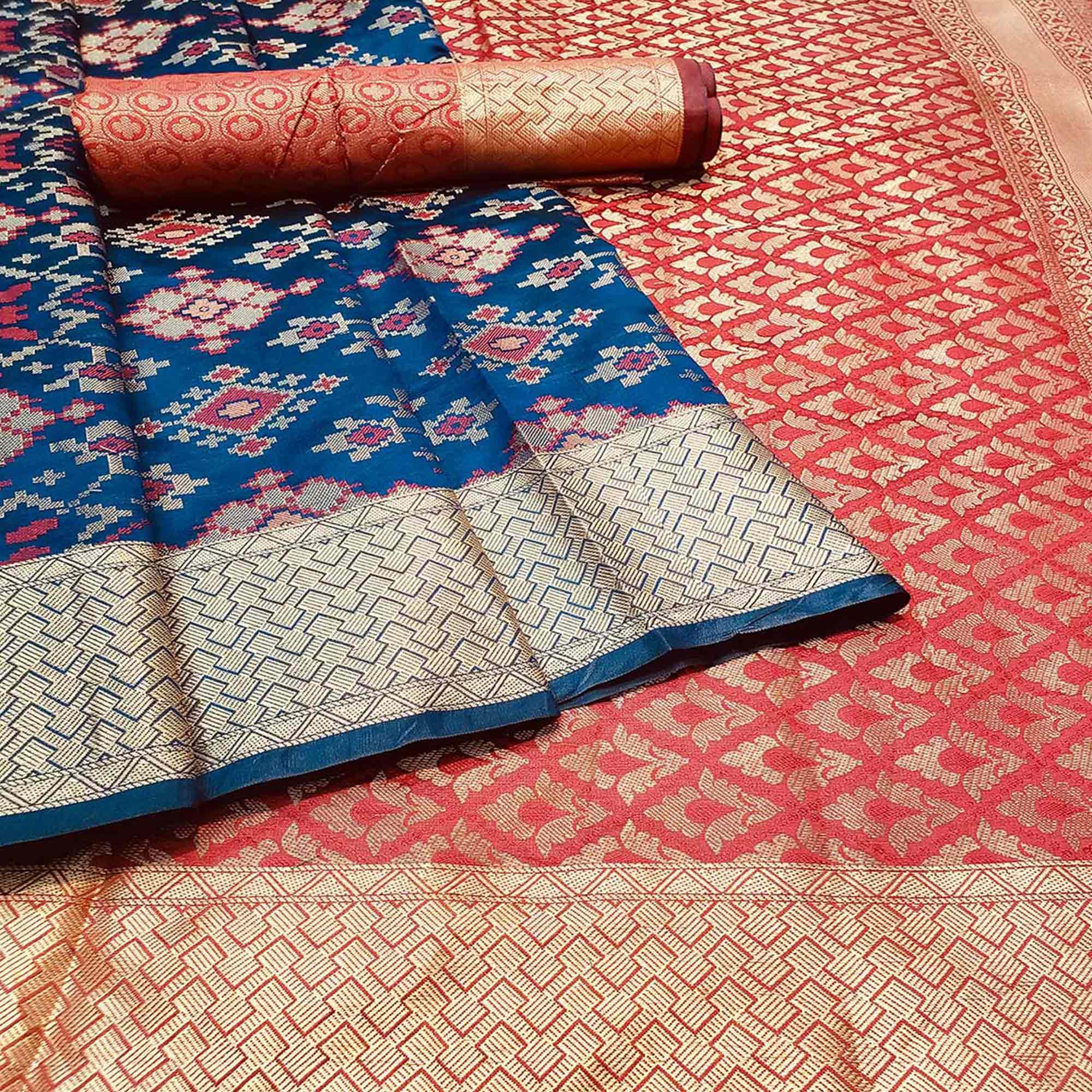 Glorious Navy Blue Colored Festive Wear Woven Banarasi Silk Saree - Peachmode