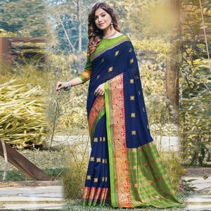 Glorious Navy Blue Colored Festive Wear Woven Cotton Saree - Peachmode