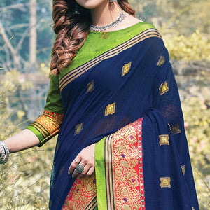 Glorious Navy Blue Colored Festive Wear Woven Cotton Saree - Peachmode