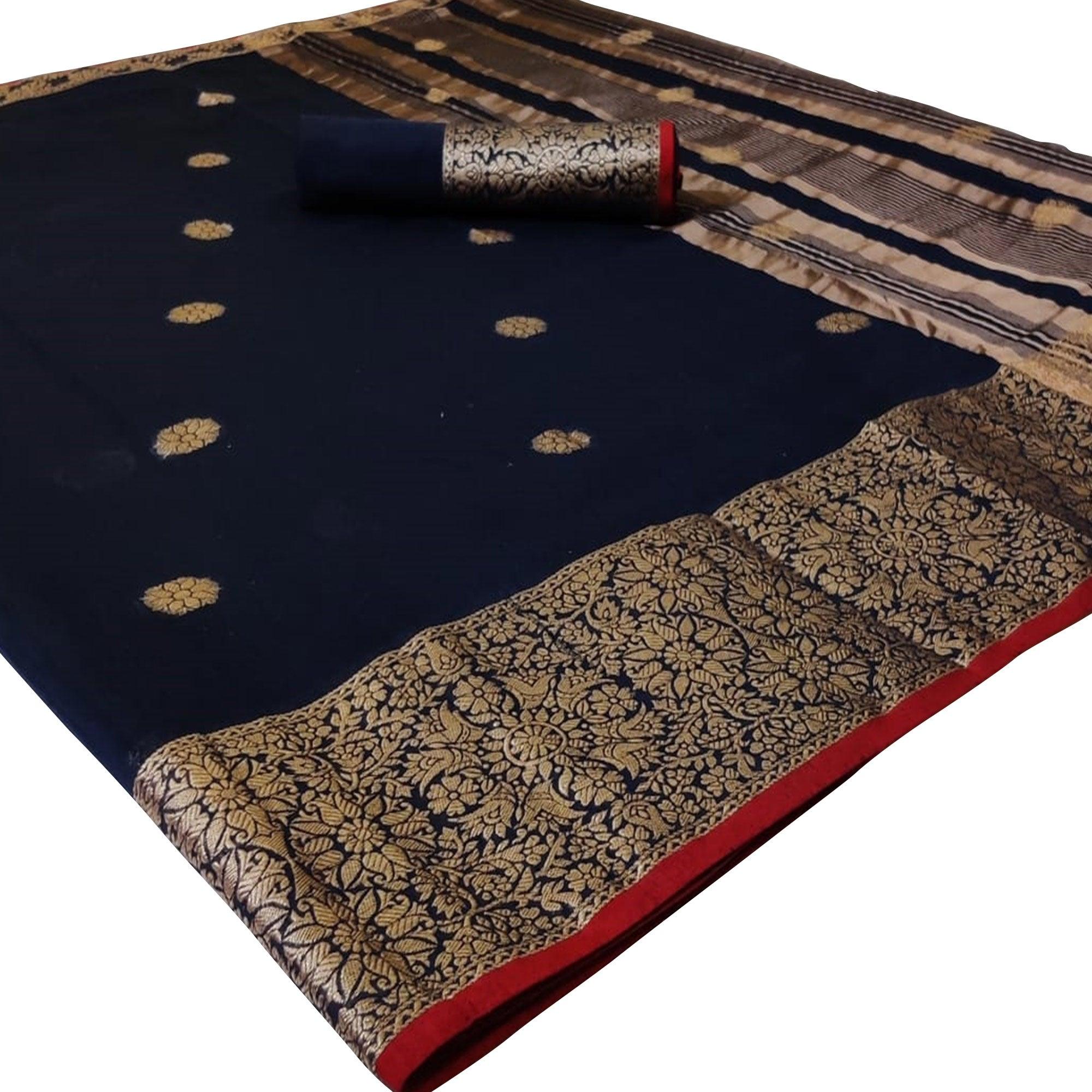 Glorious Navy Blue Colored Festive Wear Woven Linen Saree - Peachmode