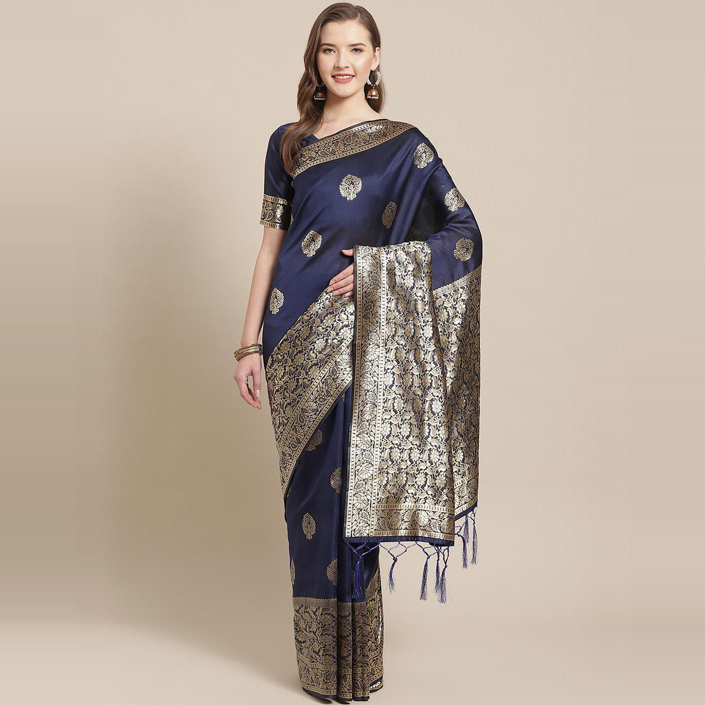 Glorious Navy Blue Colored Festive Wear Woven Silk Blend Saree - Peachmode