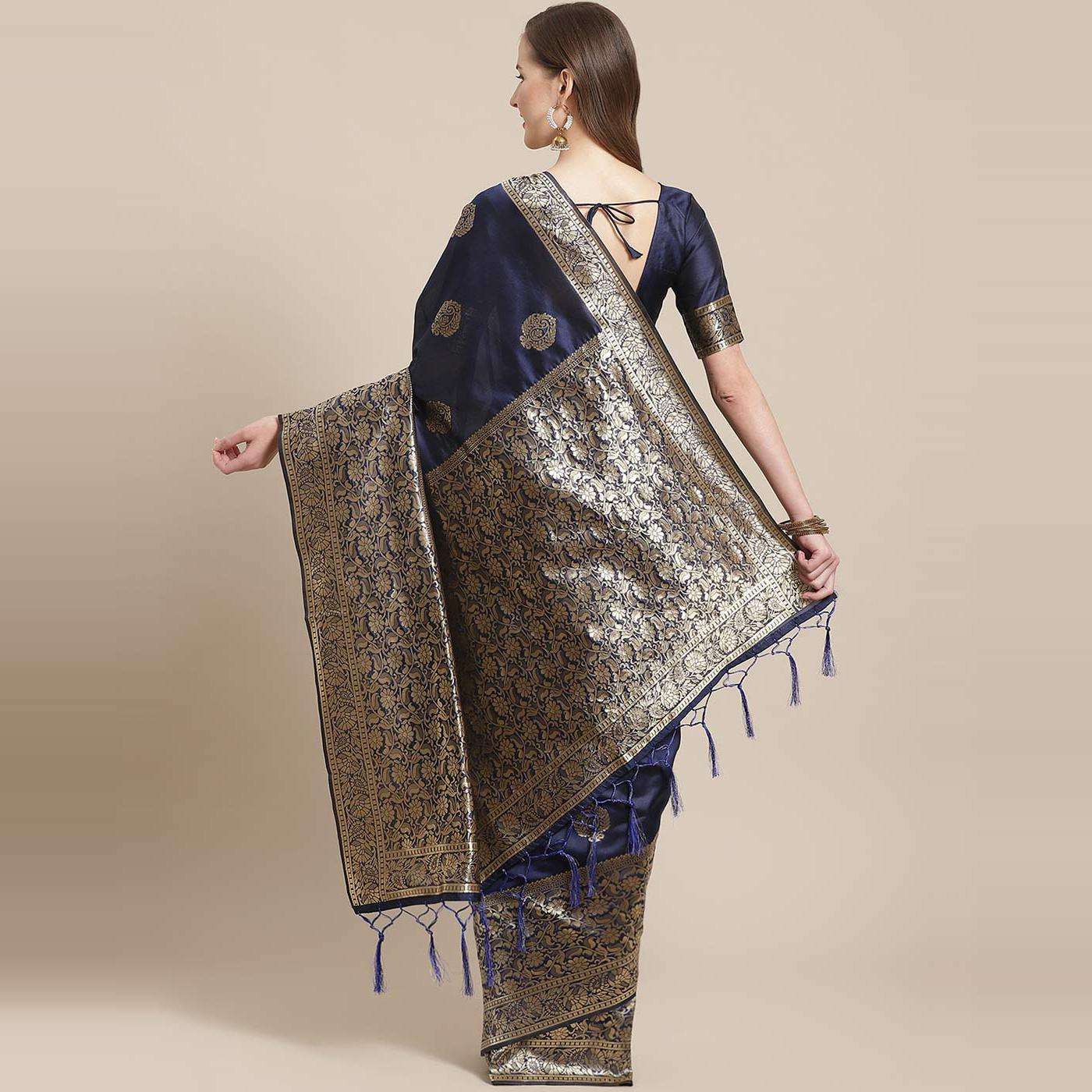 Glorious Navy Blue Colored Festive Wear Woven Silk Blend Saree - Peachmode