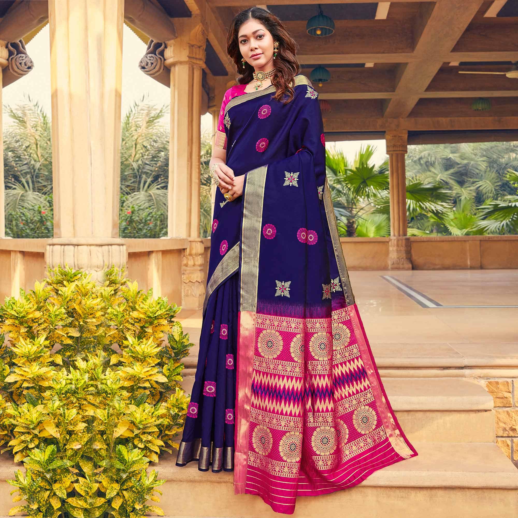 Glorious Navy Blue Colored Festive Wear Woven Silk Saree - Peachmode