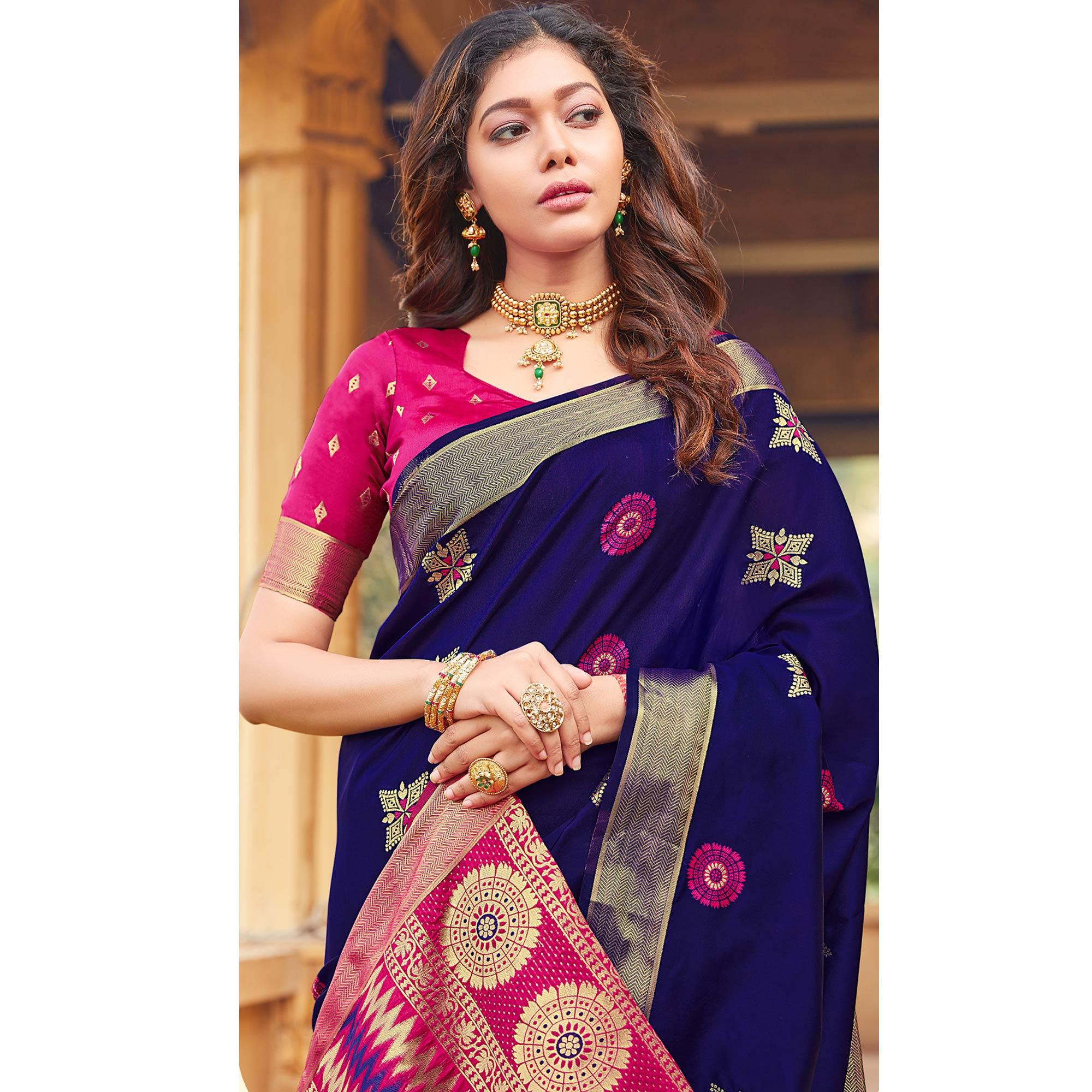 Glorious Navy Blue Colored Festive Wear Woven Silk Saree - Peachmode