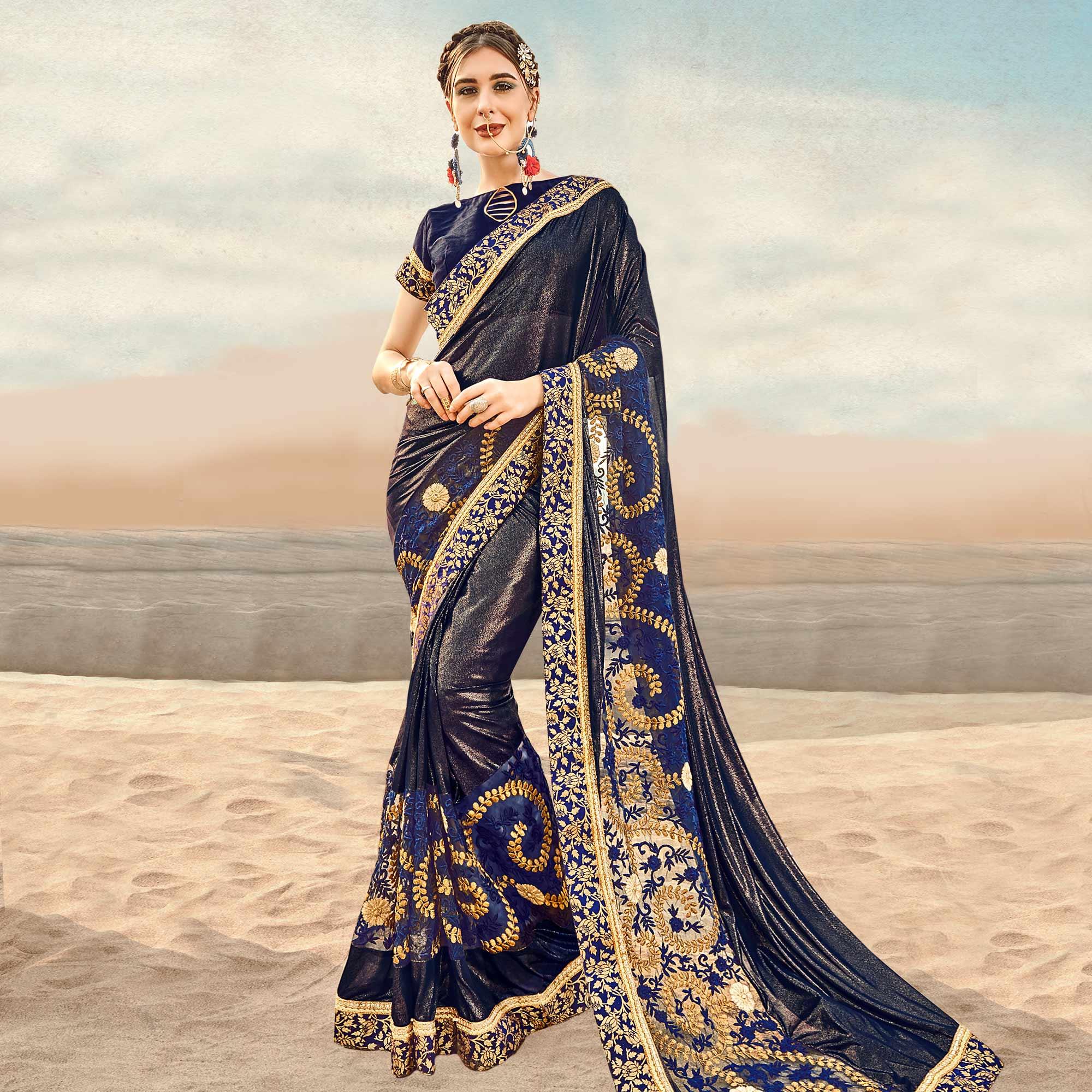 Glorious Navy Blue Colored Partywear Embroidered Fancy Art Silk Saree - Peachmode