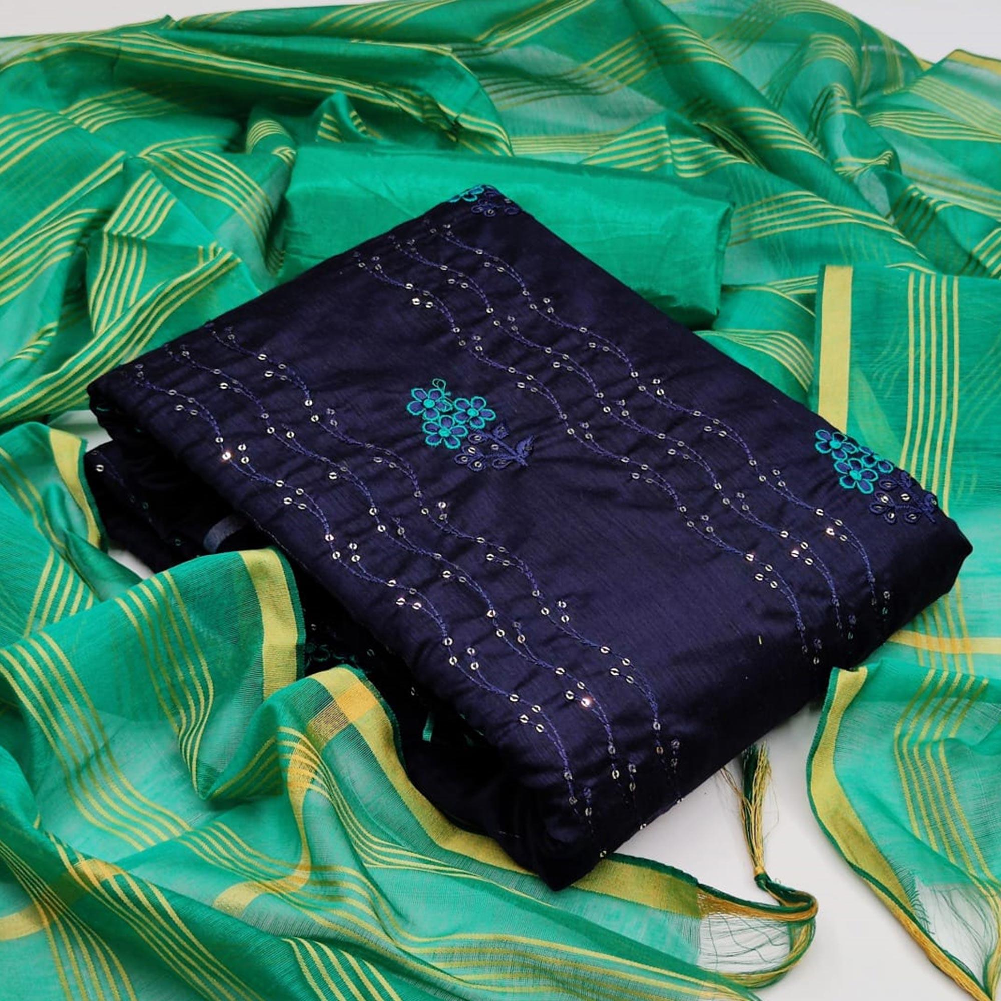 Glorious Navy Blue - Green Colored Casual Wear Embroidered Chanderi Dress Material - Peachmode