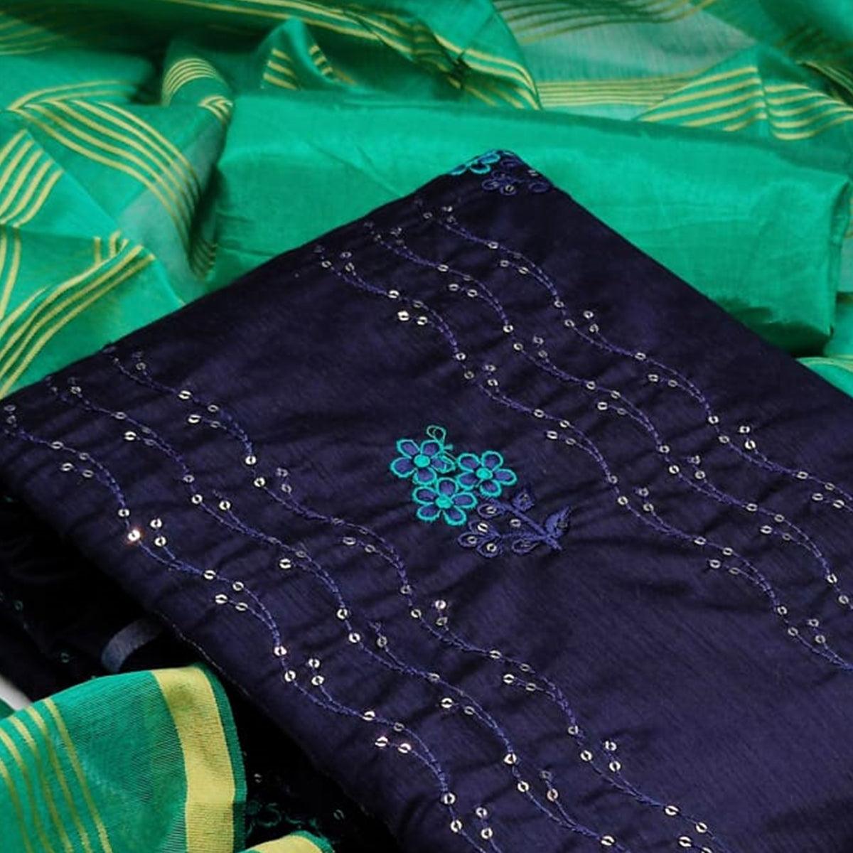 Glorious Navy Blue - Green Colored Casual Wear Embroidered Chanderi Dress Material - Peachmode