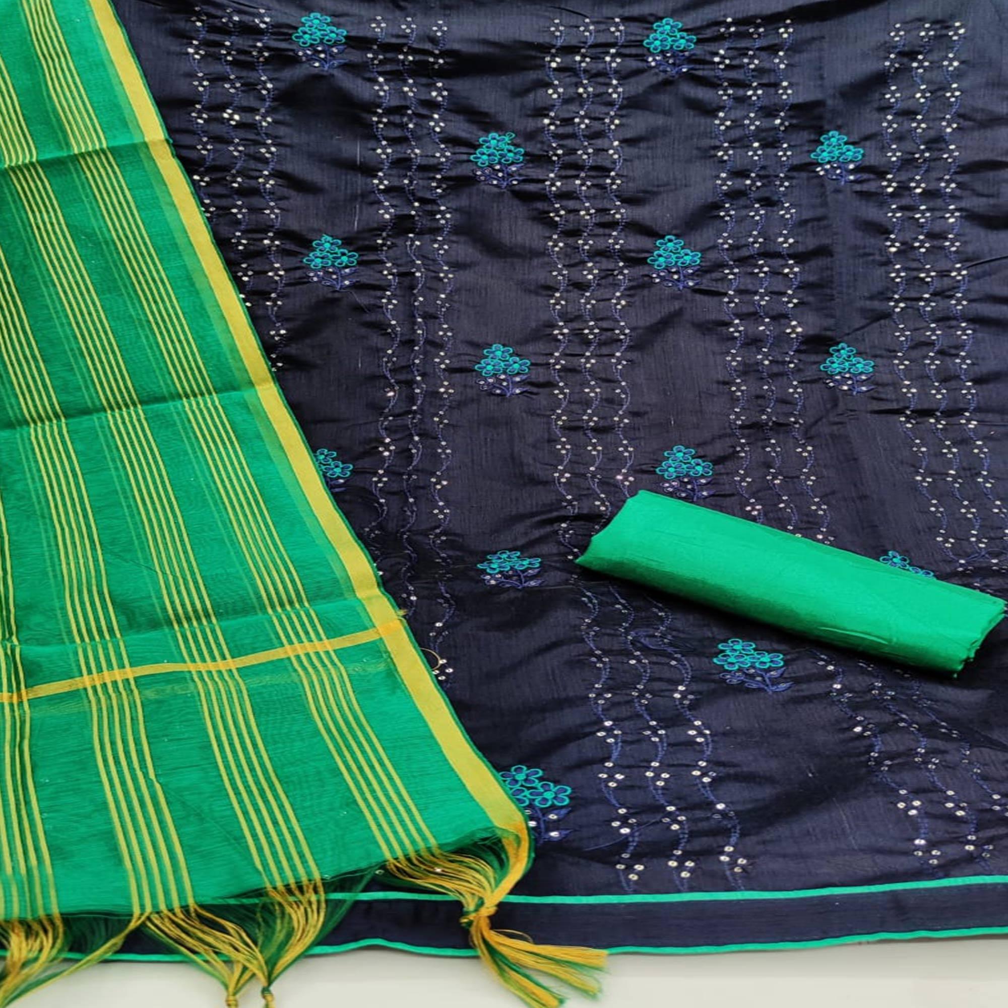 Glorious Navy Blue - Green Colored Casual Wear Embroidered Chanderi Dress Material - Peachmode