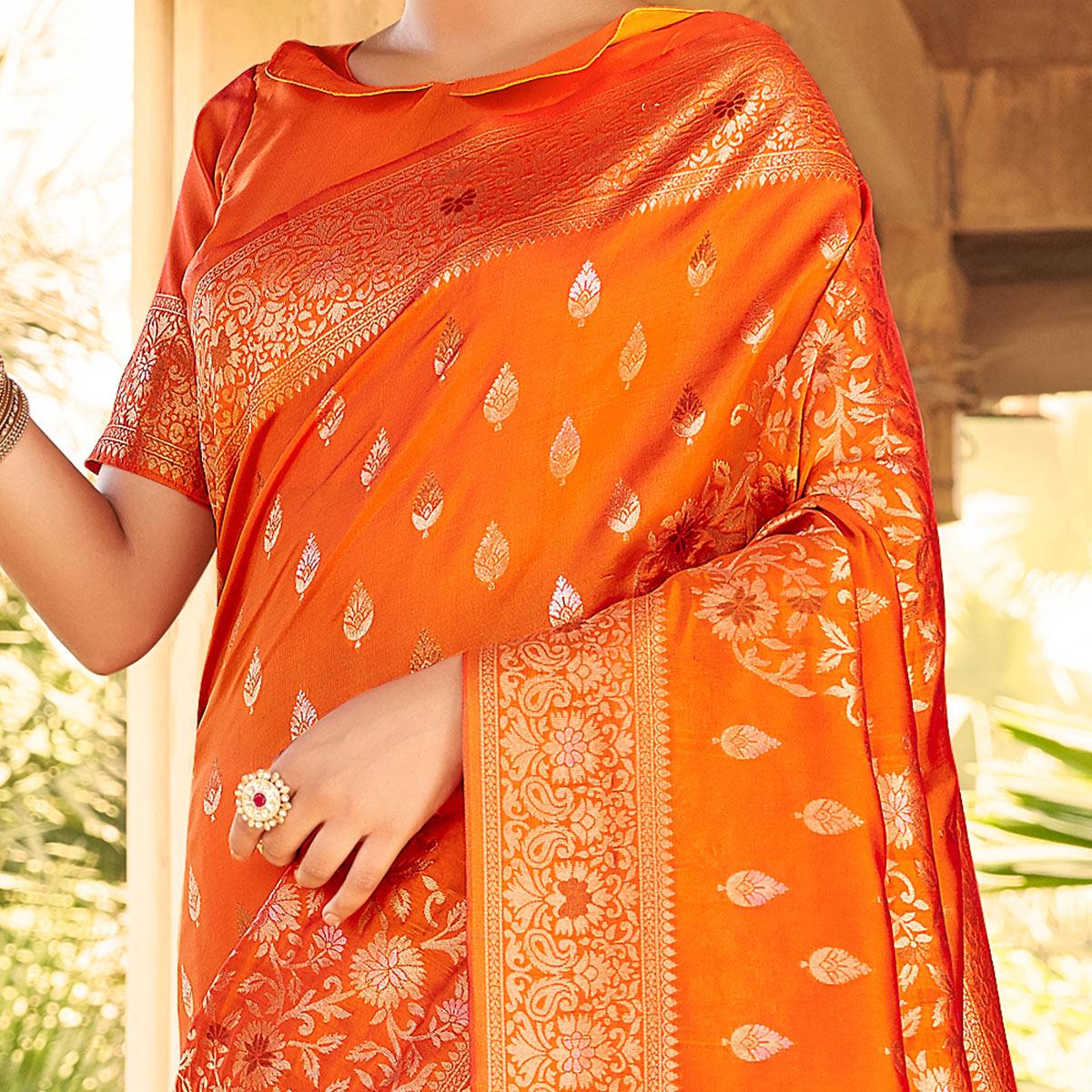 Glorious Orange Coloured Designer Partywear Weaving Silk Saree - Peachmode