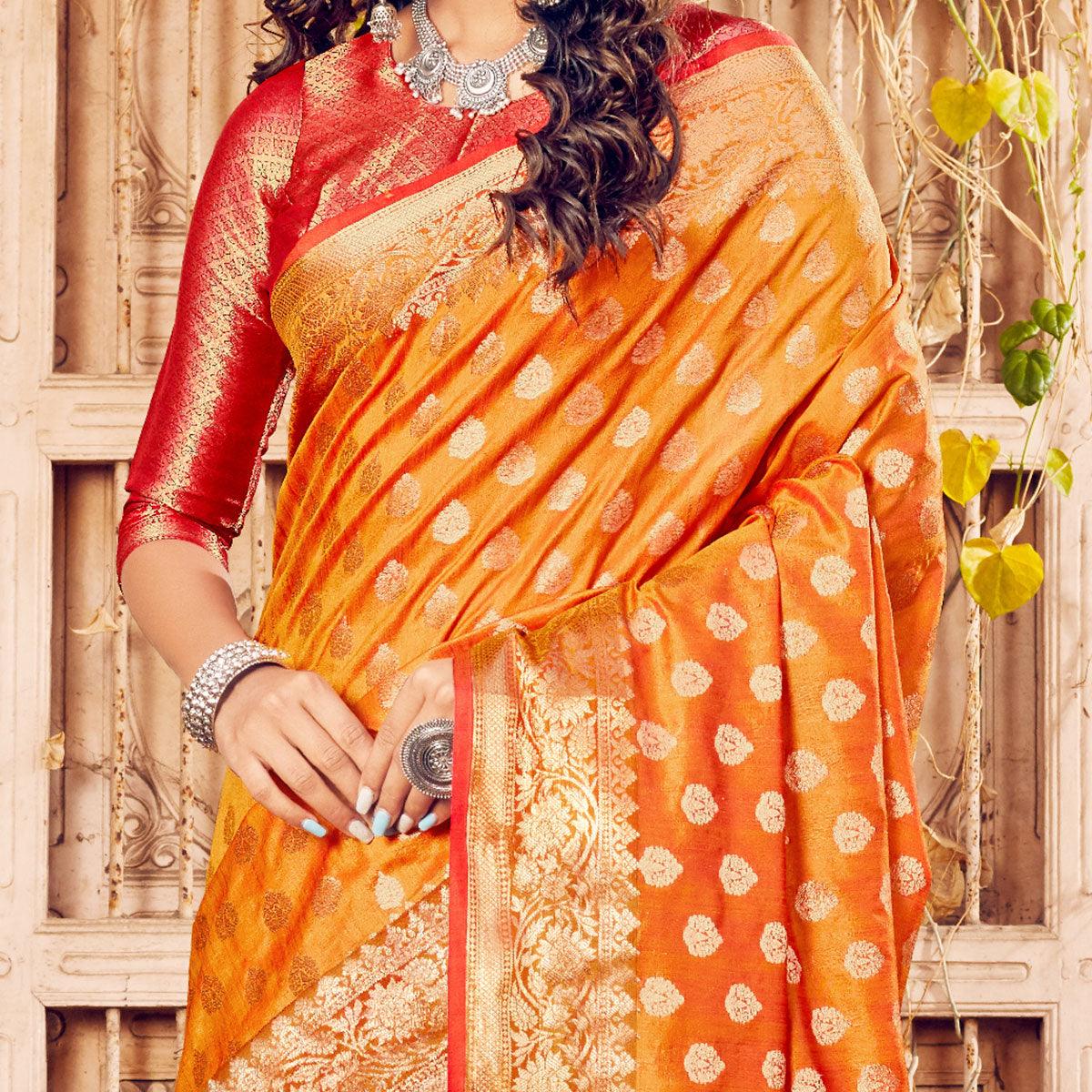 Glorious Orange Coloured Designer Partywear Weaving Silk Saree - Peachmode