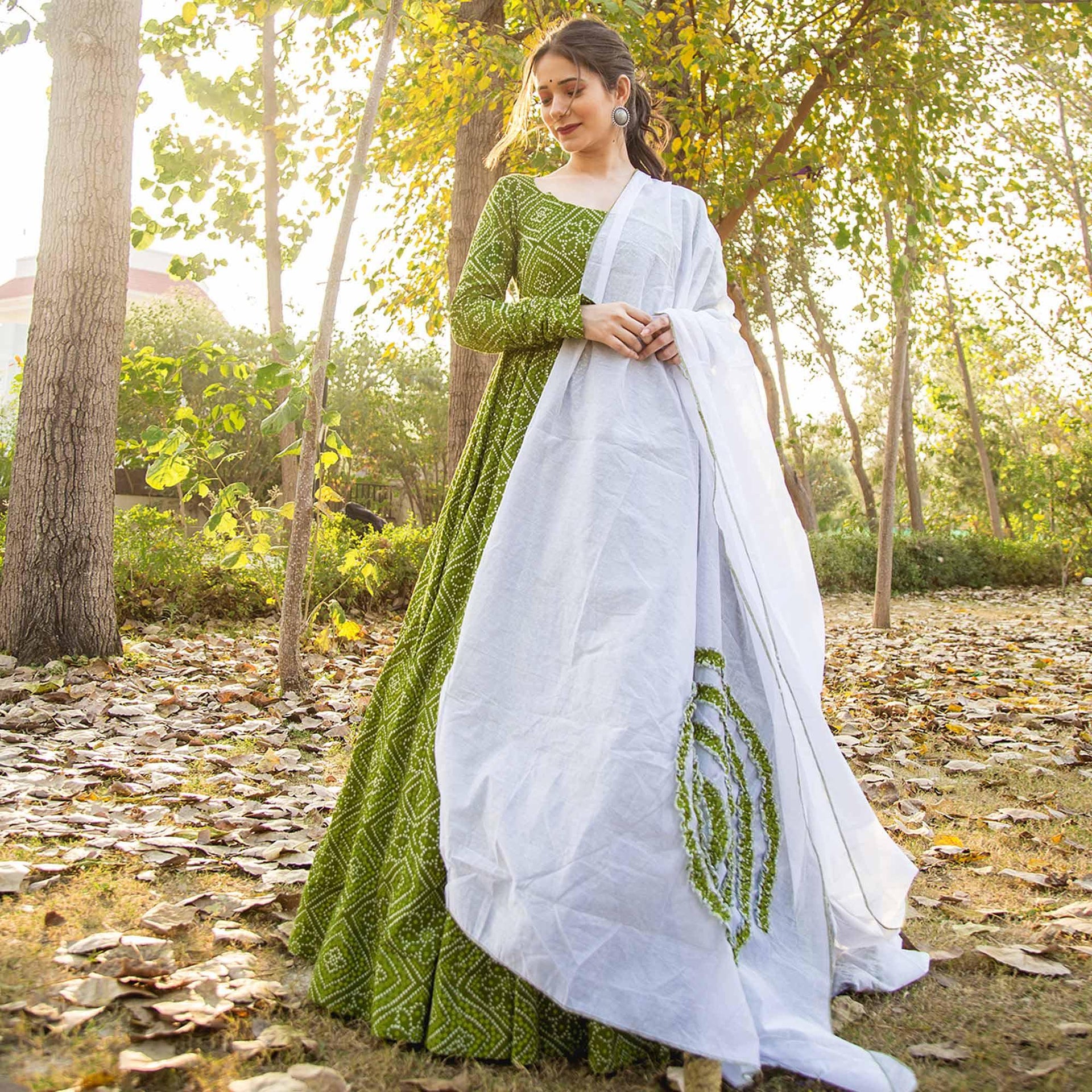green emerald velvet dress Green Bandhani Printed Rayon Gown With Dupatta