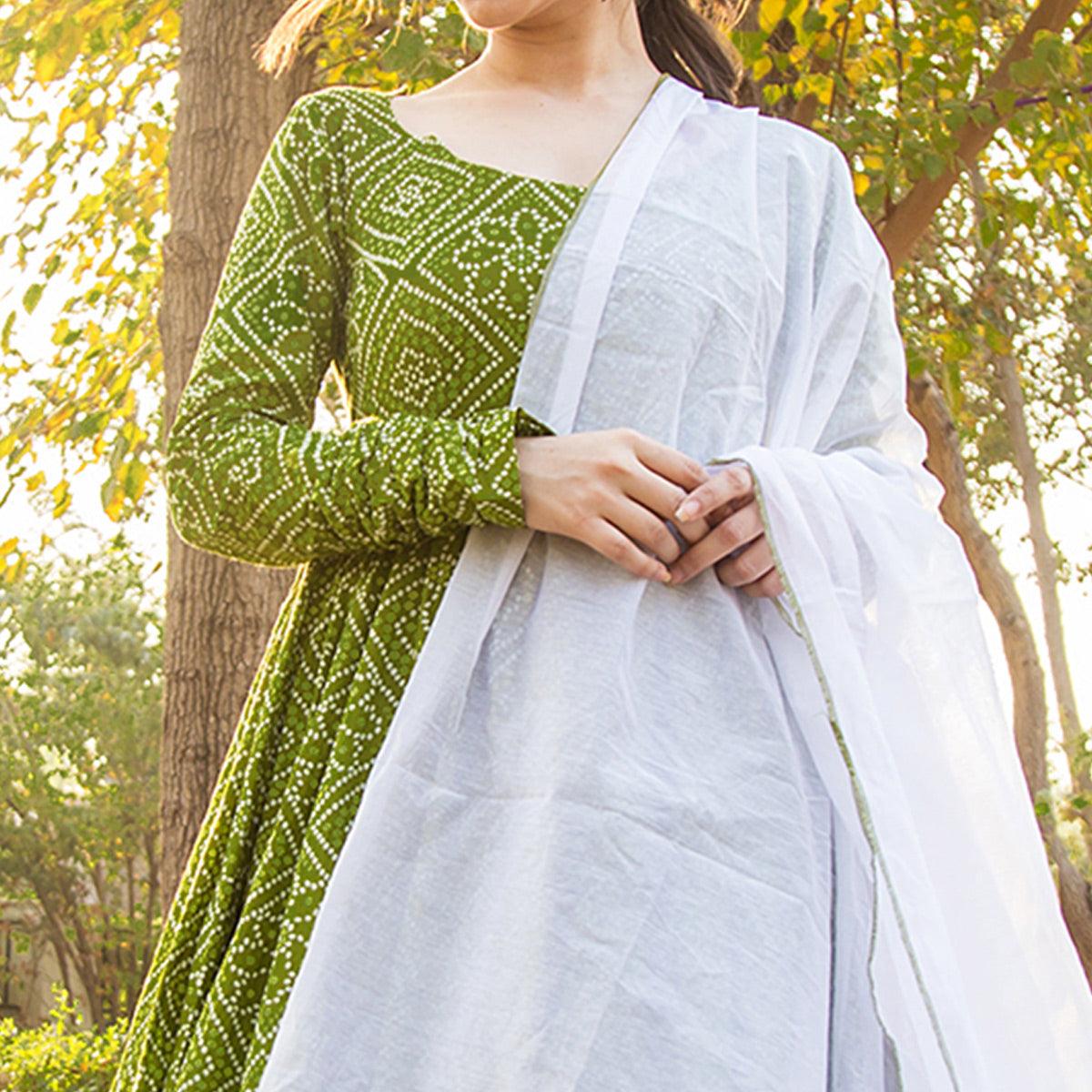 Glorious Partywear Designer Bandhani Green Colored Pure Muslin Anarkali Suit With Dupatta - Peachmode
