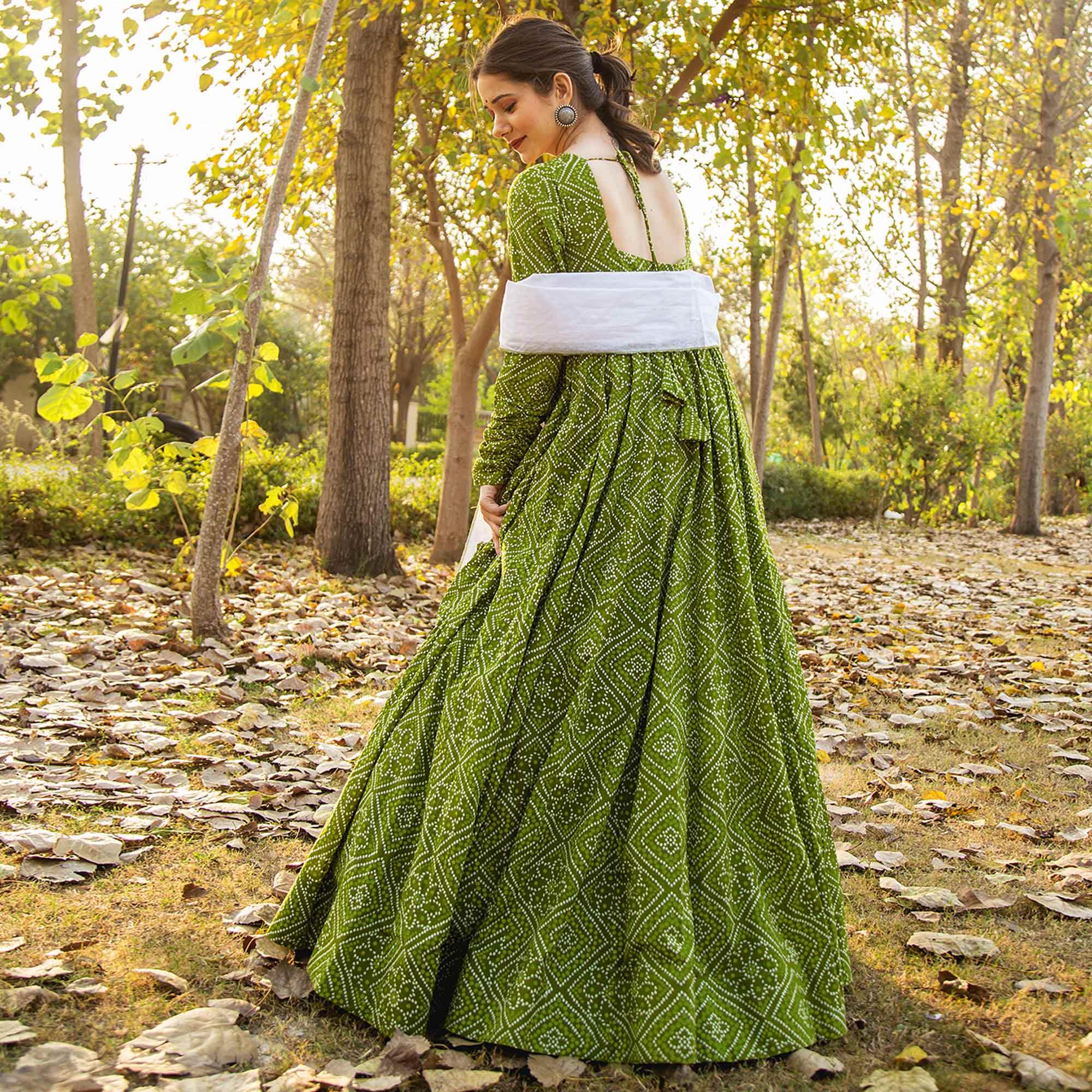 Glorious Partywear Designer Bandhani Green Colored Pure Muslin Anarkali Suit With Dupatta - Peachmode
