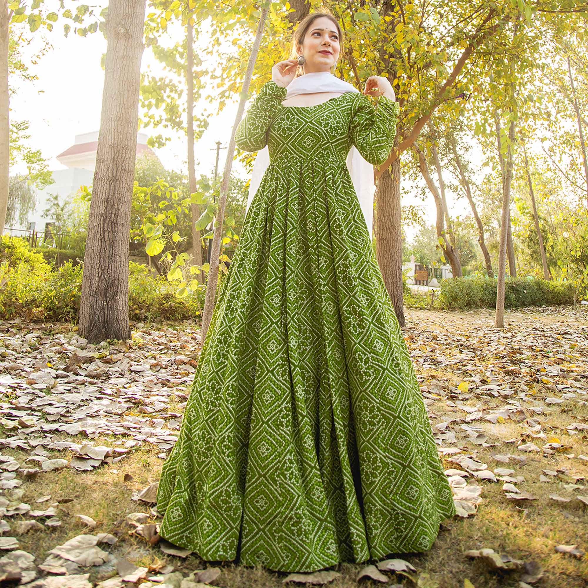 Glorious Partywear Designer Bandhani Green Colored Pure Muslin Anarkali Suit With Dupatta - Peachmode