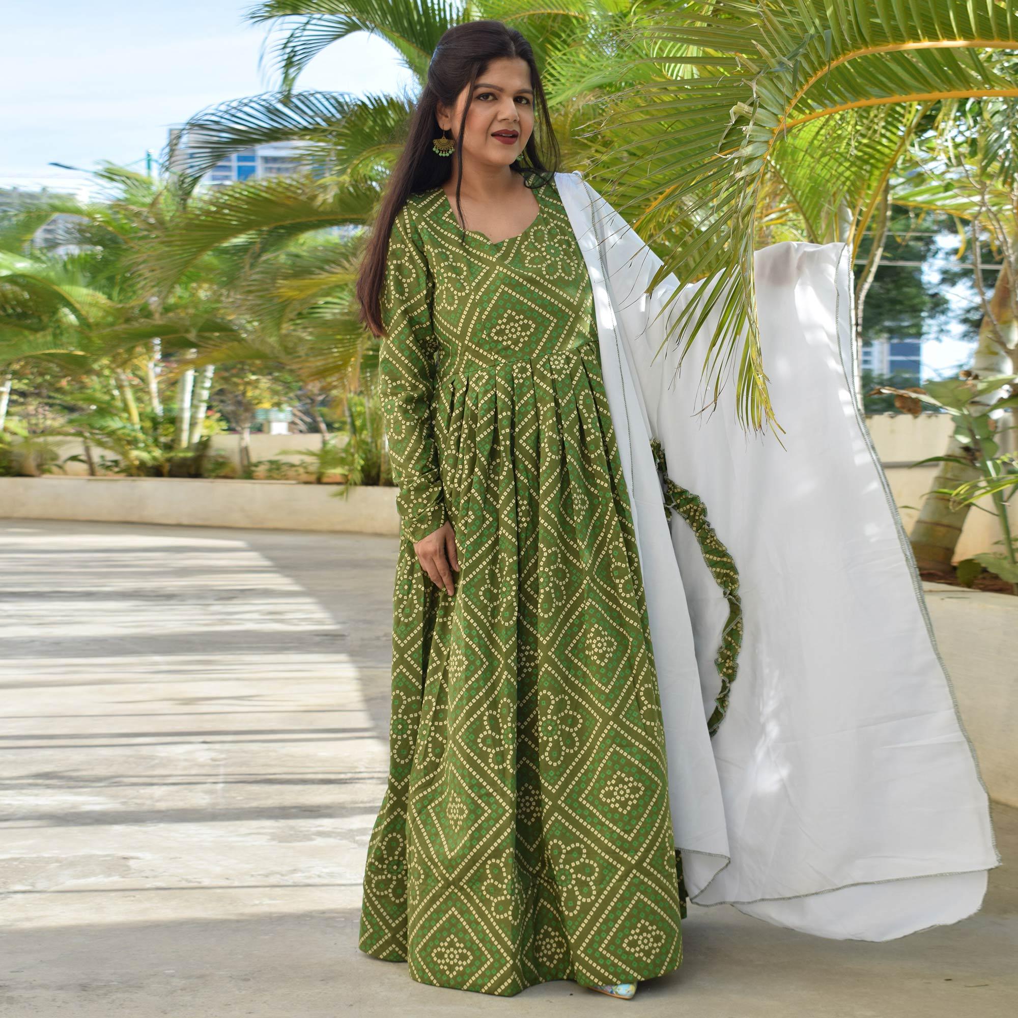 Glorious Partywear Designer Bandhani Green Colored Pure Muslin Anarkali Suit With Dupatta - Peachmode