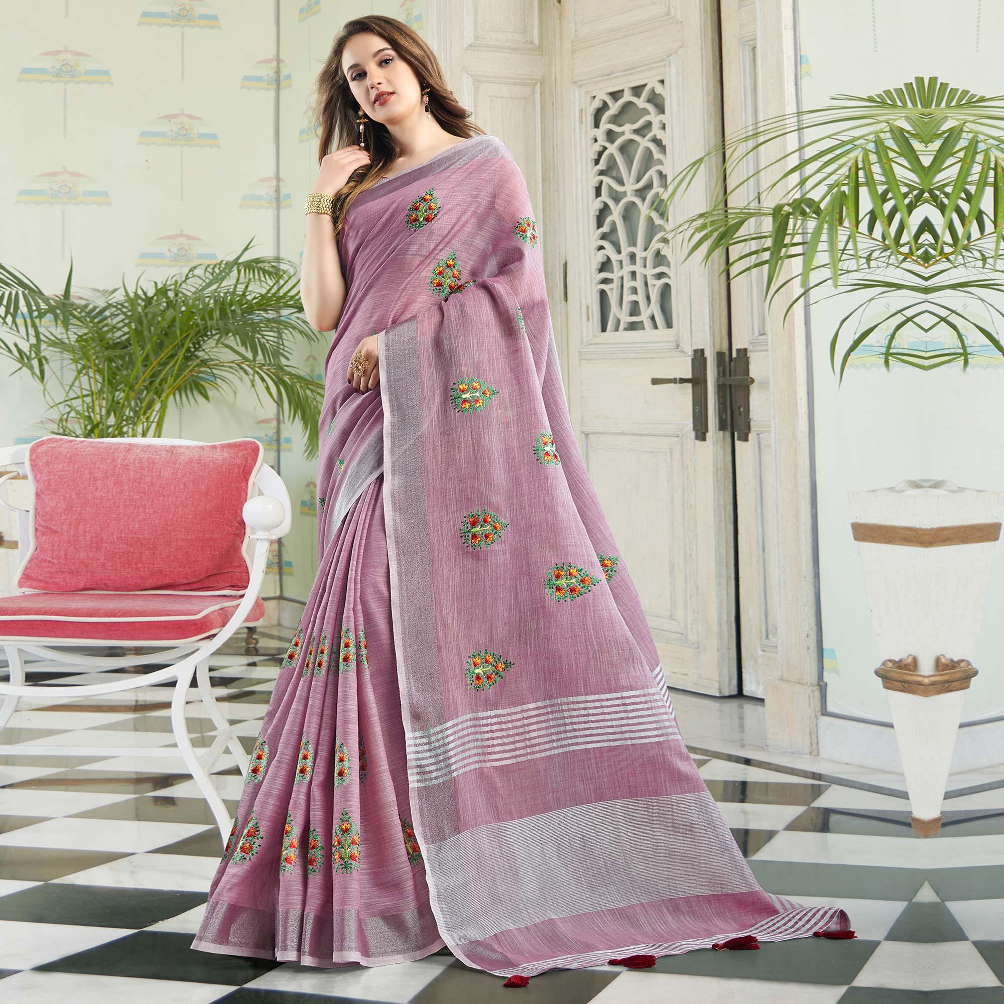 Glorious Pastel Purple Colored Casual Wear Floral Embroidered Linen-Cotton Saree With Tassels - Peachmode