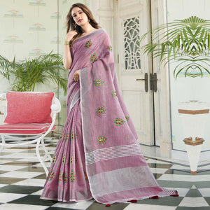 Glorious Pastel Purple Colored Casual Wear Floral Embroidered Linen-Cotton Saree With Tassels - Peachmode