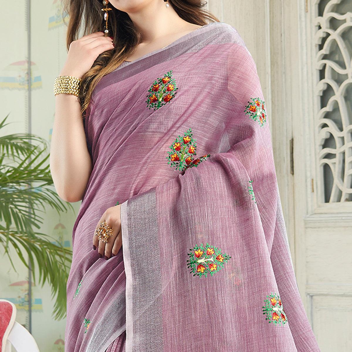 Glorious Pastel Purple Colored Casual Wear Floral Embroidered Linen-Cotton Saree With Tassels - Peachmode