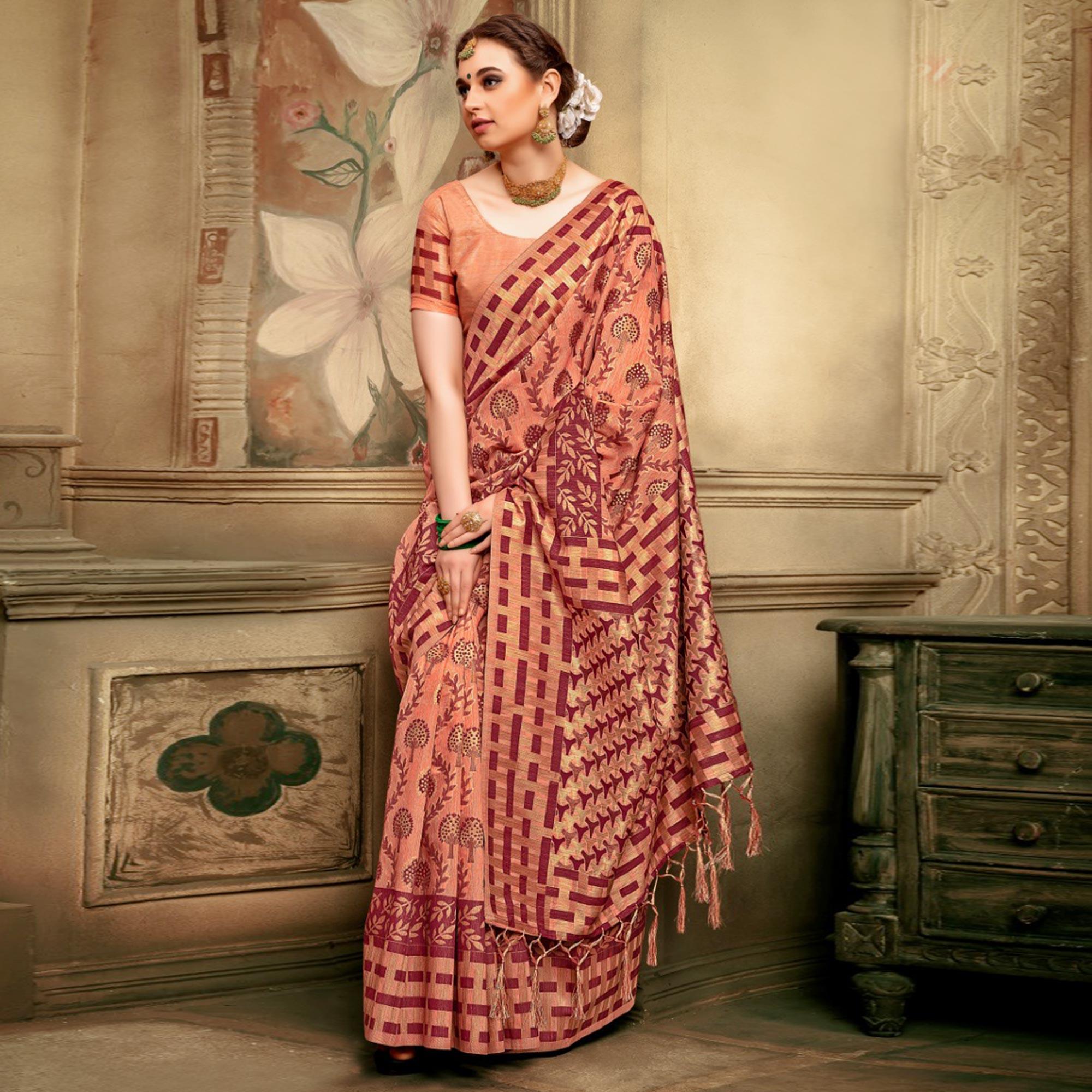 Glorious Peach Colored Festive Wear Woven Cotton Silk Saree - Peachmode