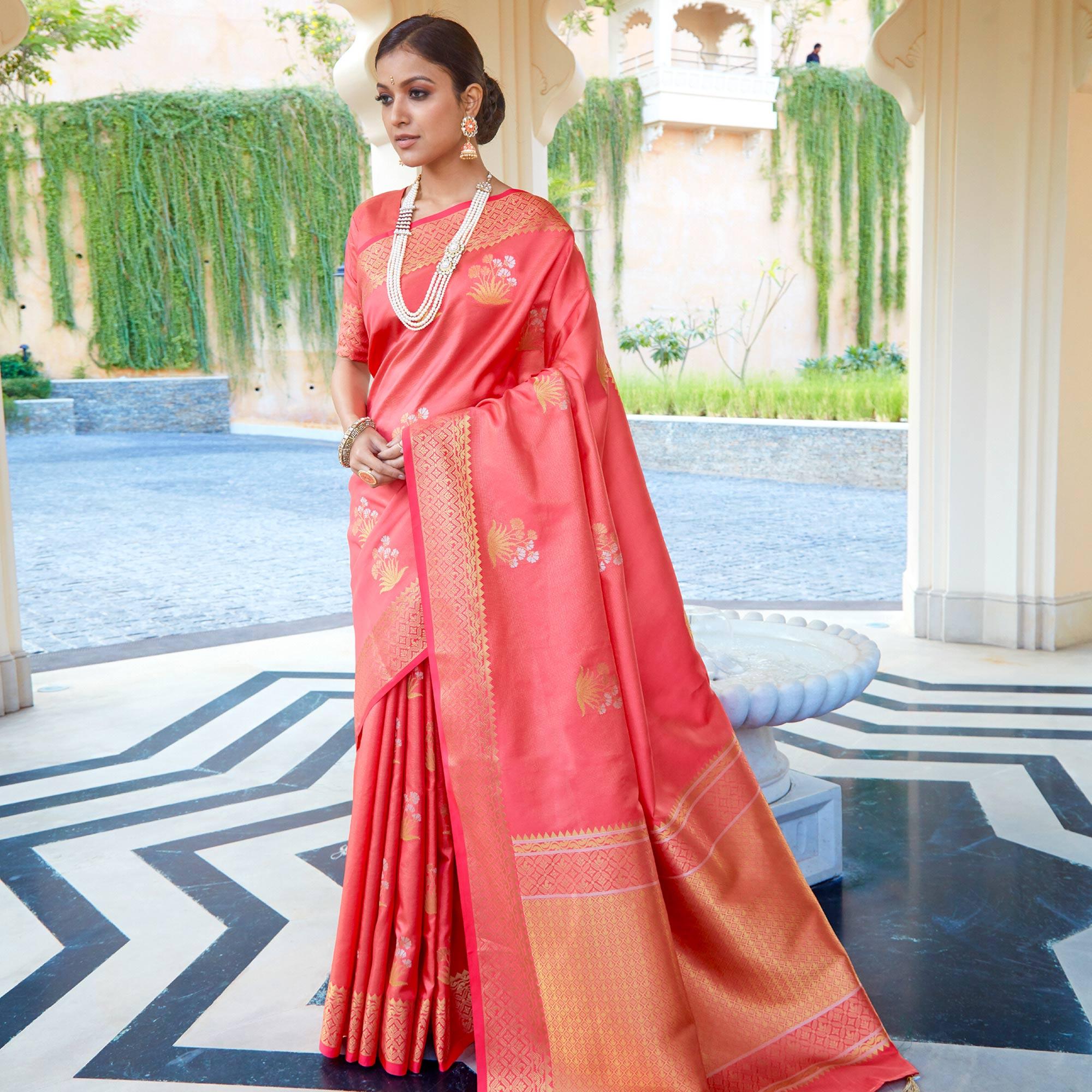 Glorious Peach Colored Festive Wear Woven Fancy Silk Saree - Peachmode