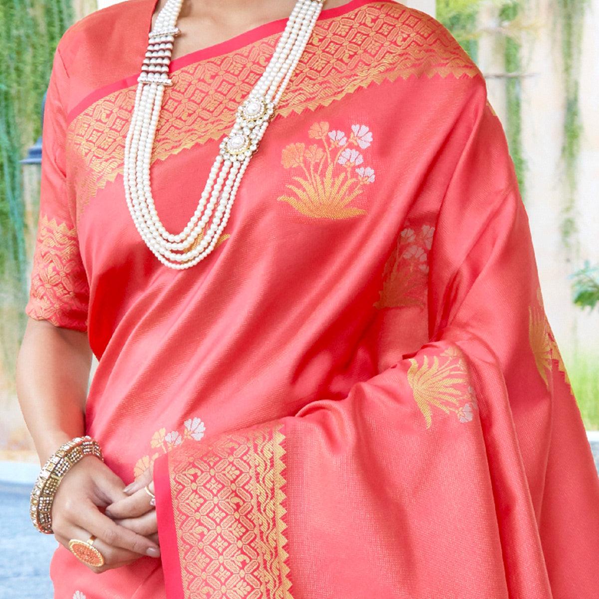 Glorious Peach Colored Festive Wear Woven Fancy Silk Saree - Peachmode
