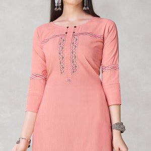 Glorious Peach Colored Partywear Embroidered Viscose Kurti - Peachmode