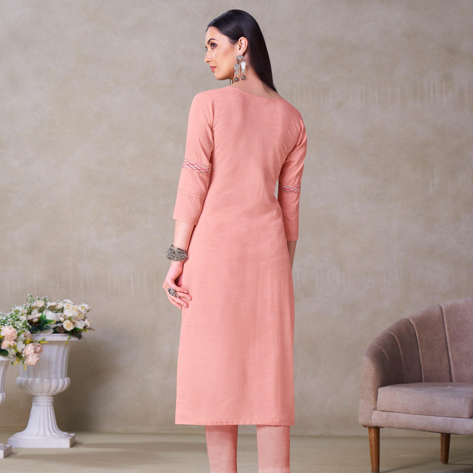 Glorious Peach Colored Partywear Embroidered Viscose Kurti - Peachmode