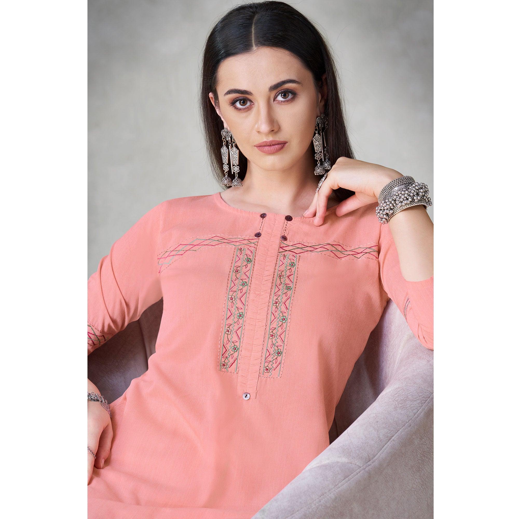 Glorious Peach Colored Partywear Embroidered Viscose Kurti - Peachmode