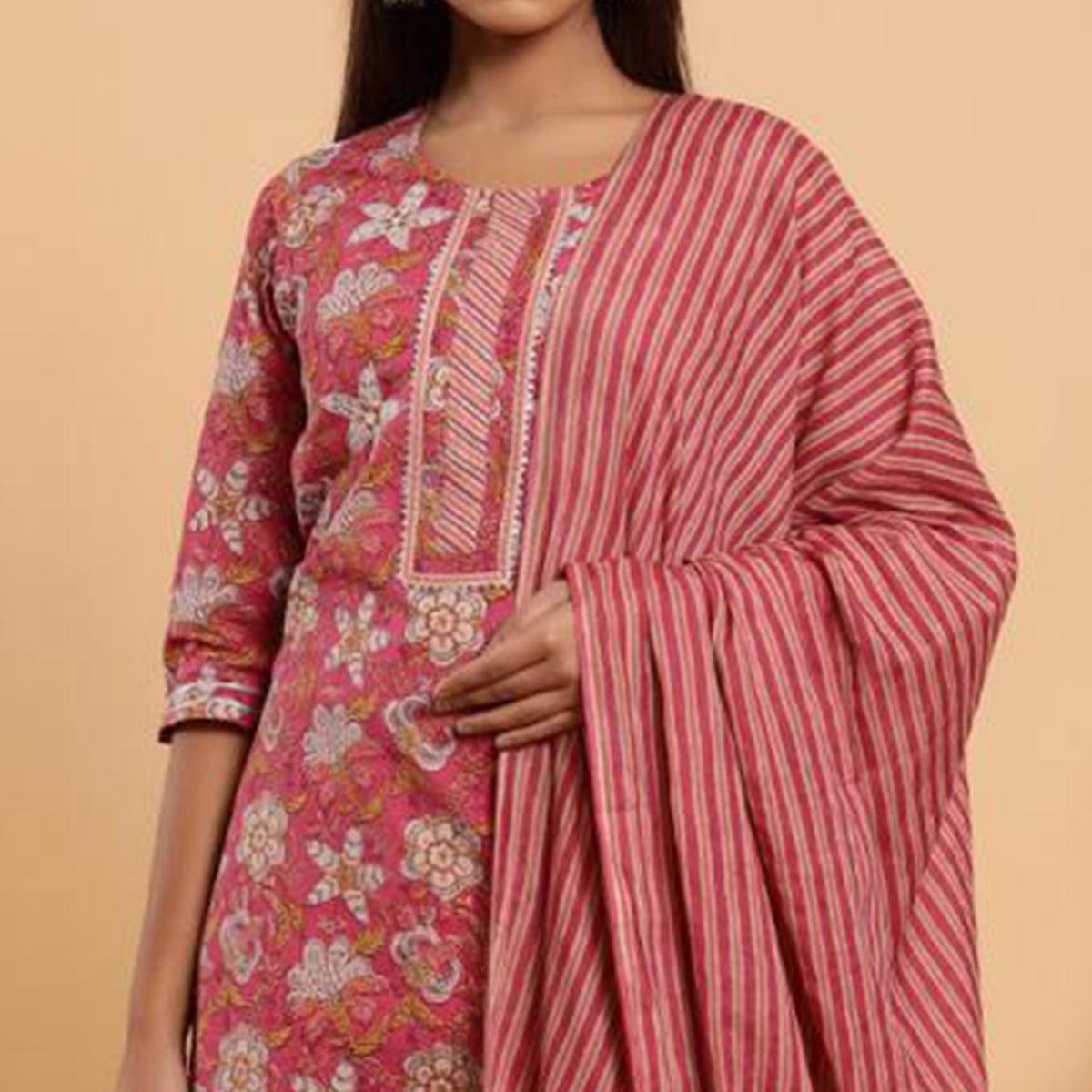 Glorious Pink Colored Casual Wear Printed Cotton Kurti - Palazzo Set With Dupatta - Peachmode