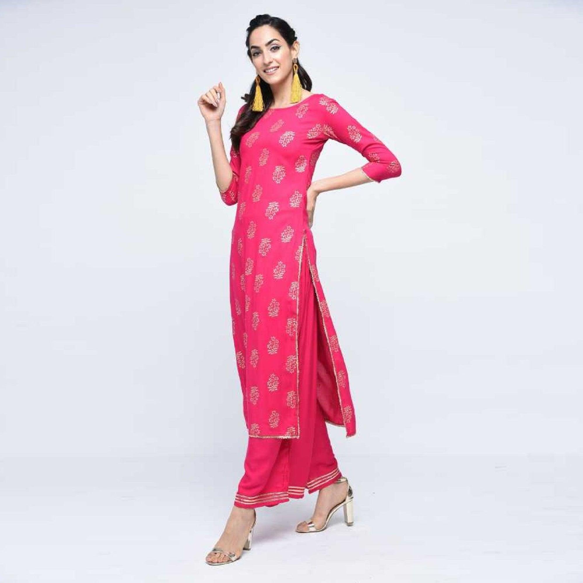 Glorious Pink Colored Casual Wear Printed Straight Calf Length Rayon Kurti - Peachmode