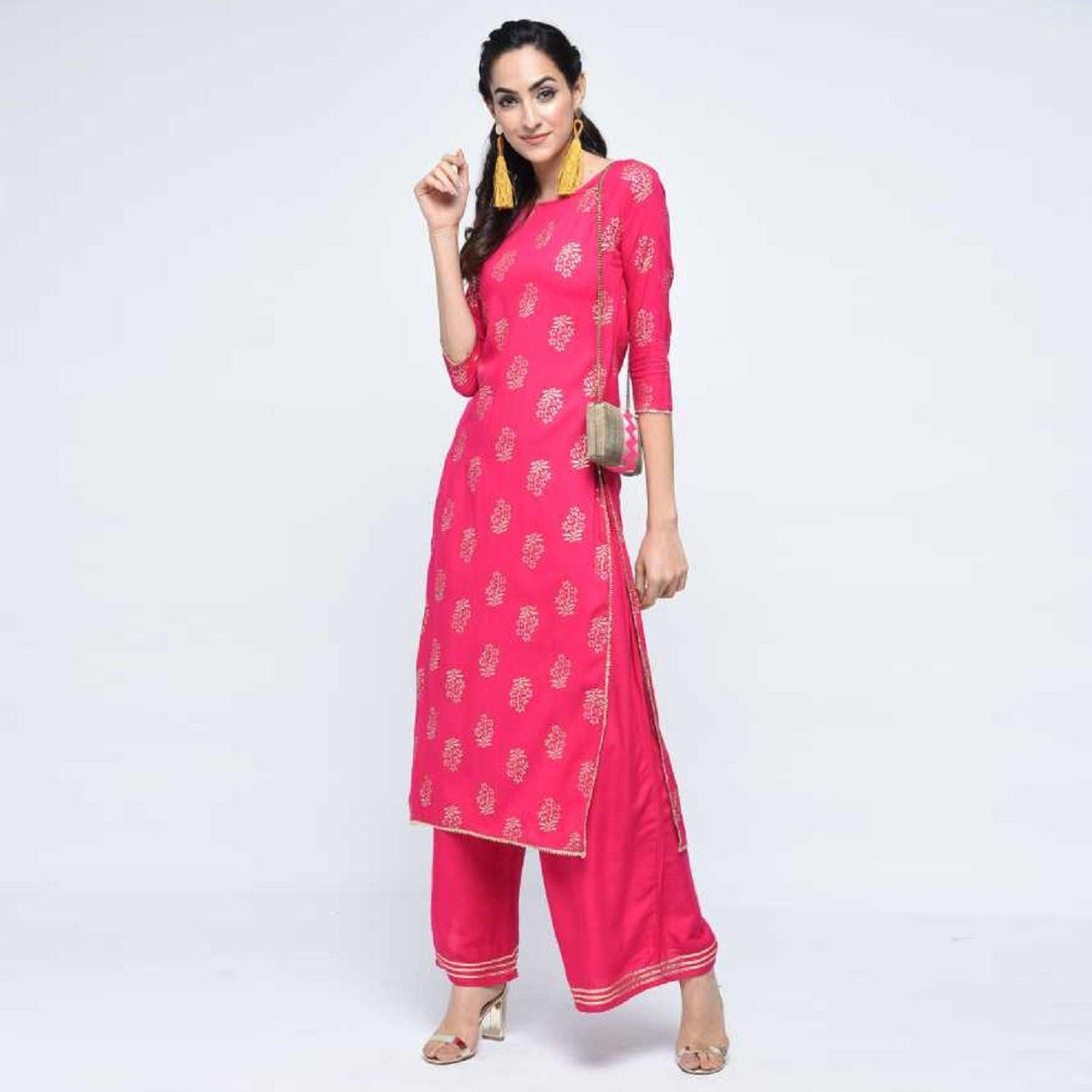 Glorious Pink Colored Casual Wear Printed Straight Calf Length Rayon Kurti - Peachmode
