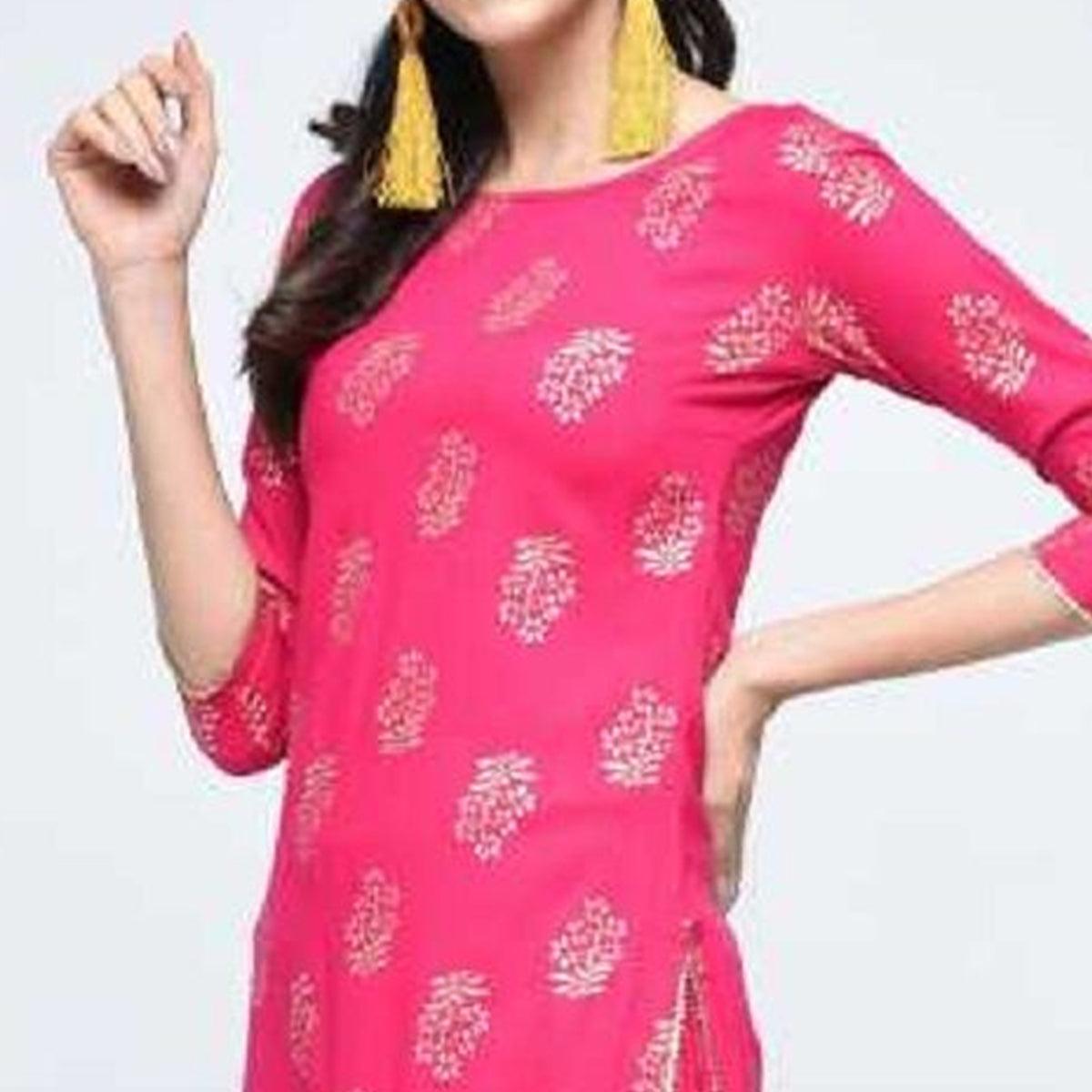 Glorious Pink Colored Casual Wear Printed Straight Calf Length Rayon Kurti - Peachmode