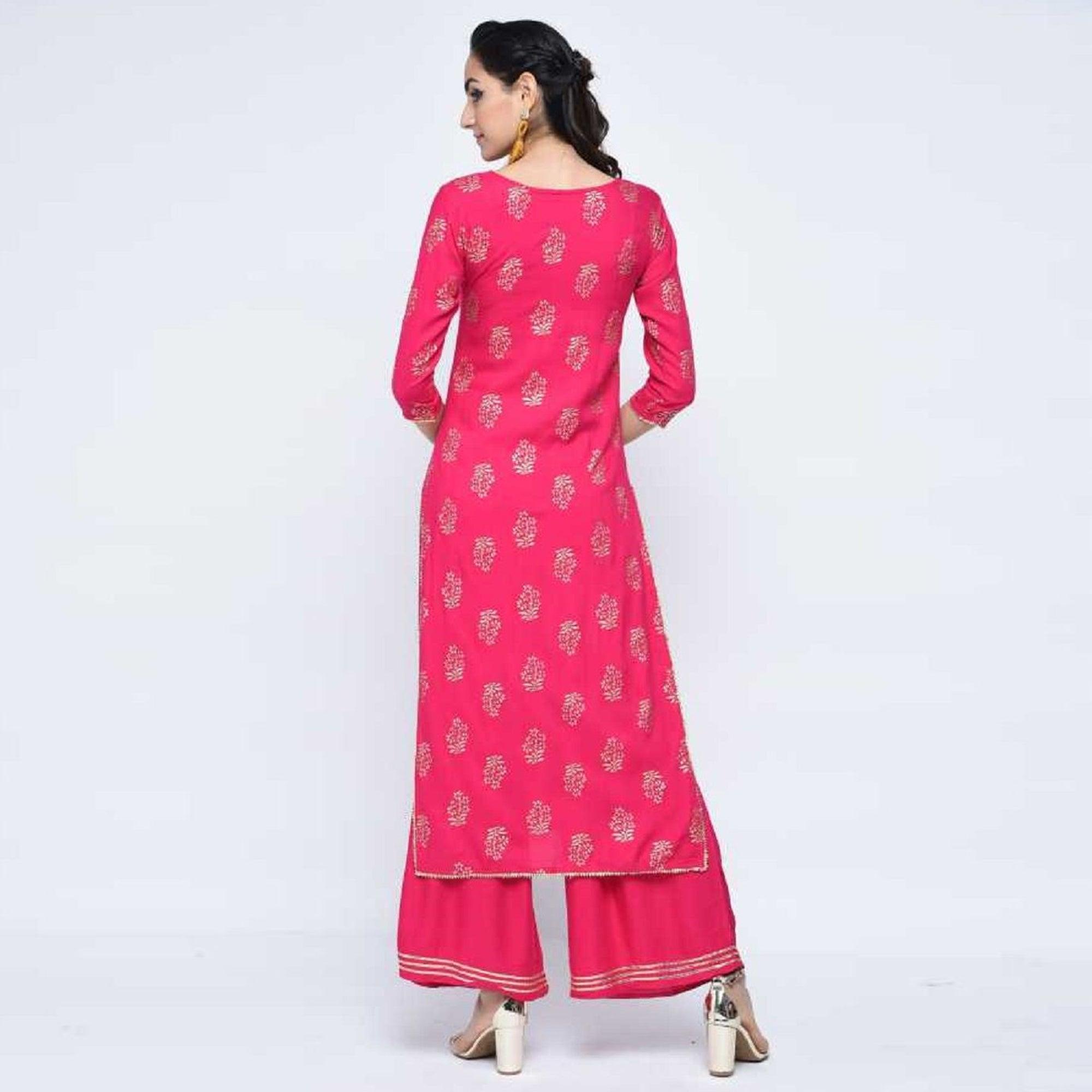 Glorious Pink Colored Casual Wear Printed Straight Calf Length Rayon Kurti - Peachmode