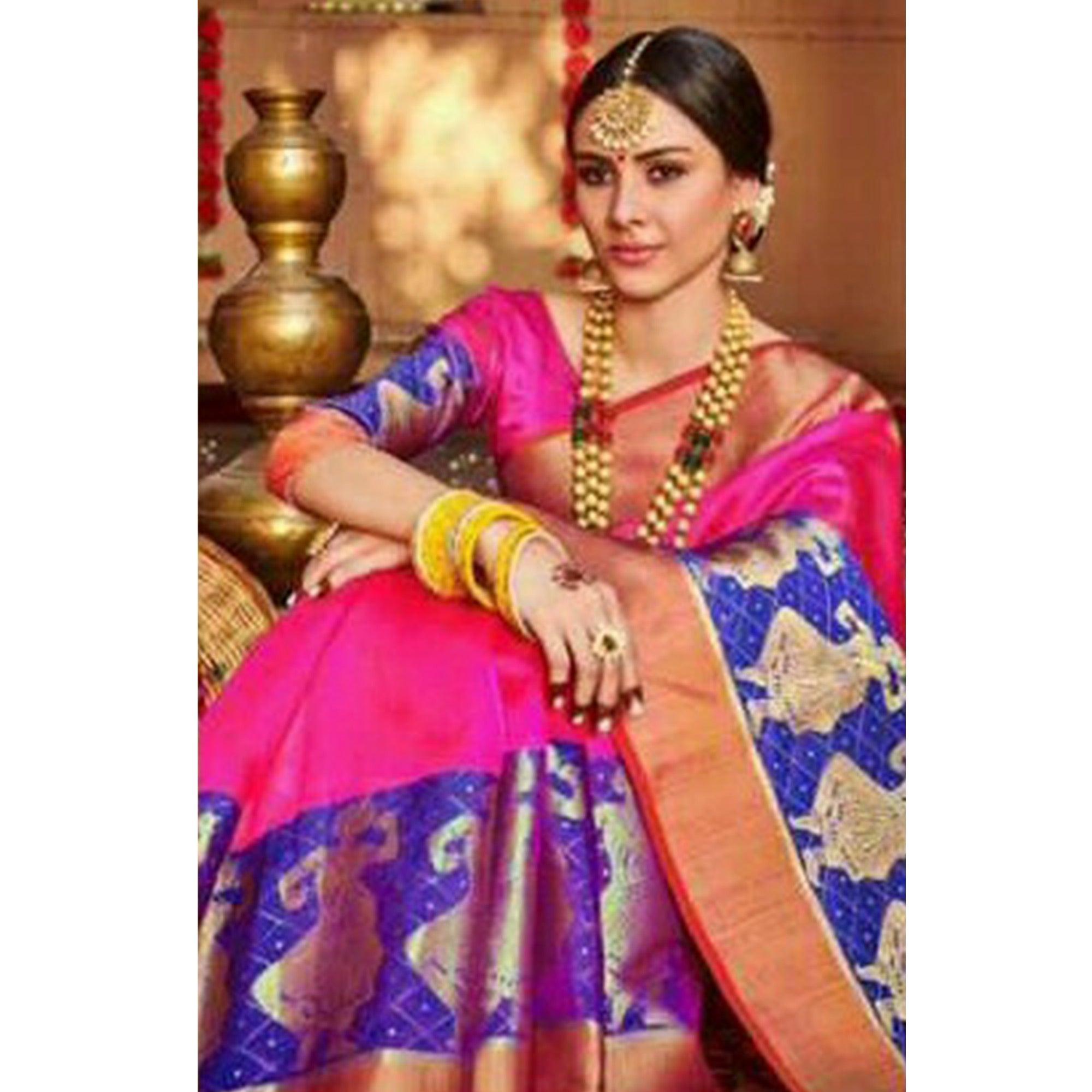 Glorious Pink Colored Festive Wear Woven Art Silk Saree - Peachmode