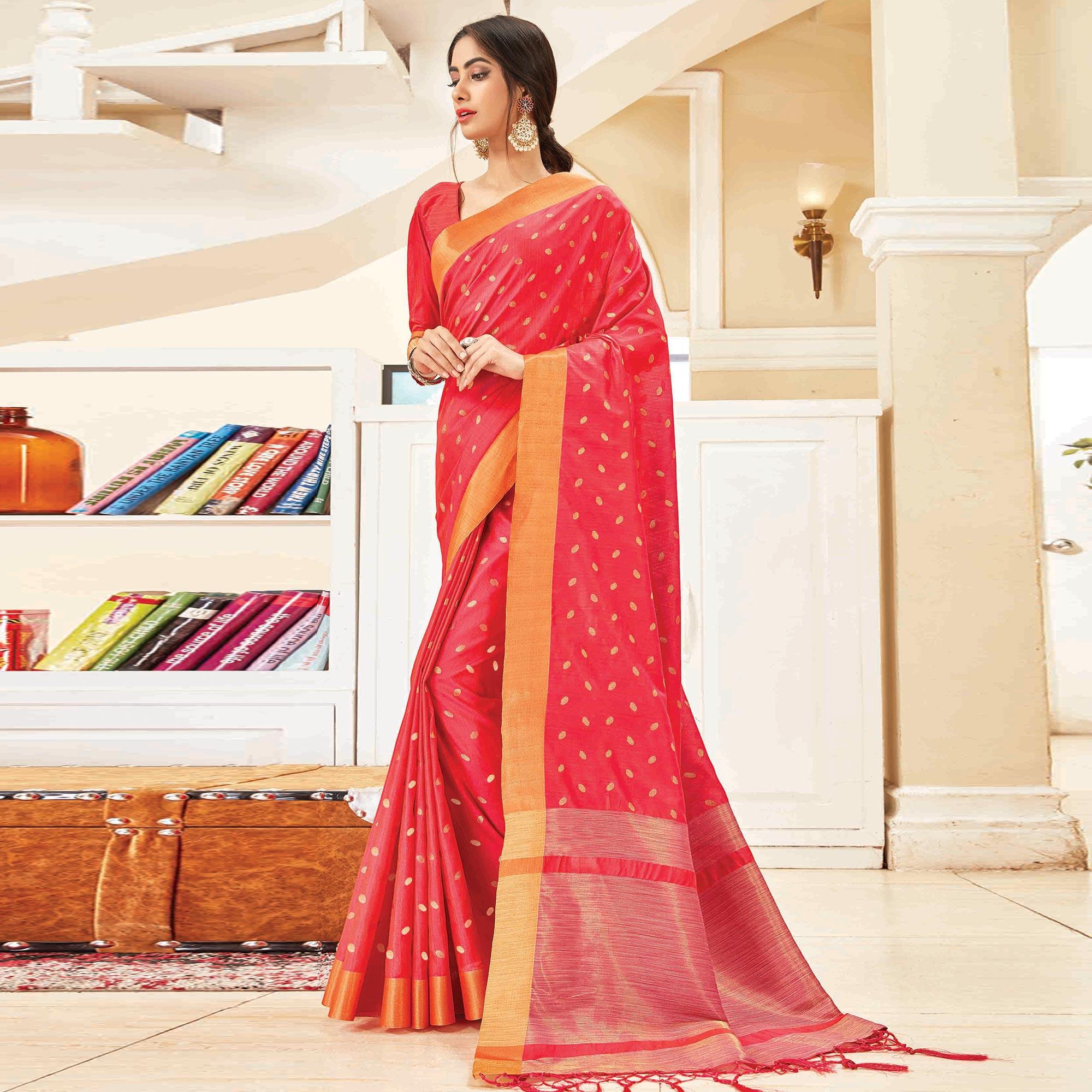 Glorious Pink Colored Festive Wear Woven Handloom Silk Saree With Tassels - Peachmode